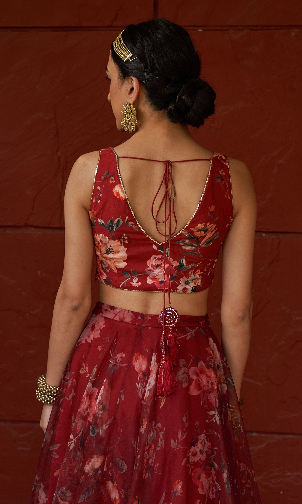 Bagh - Red Floral Printed Lehenga Set - set of 3