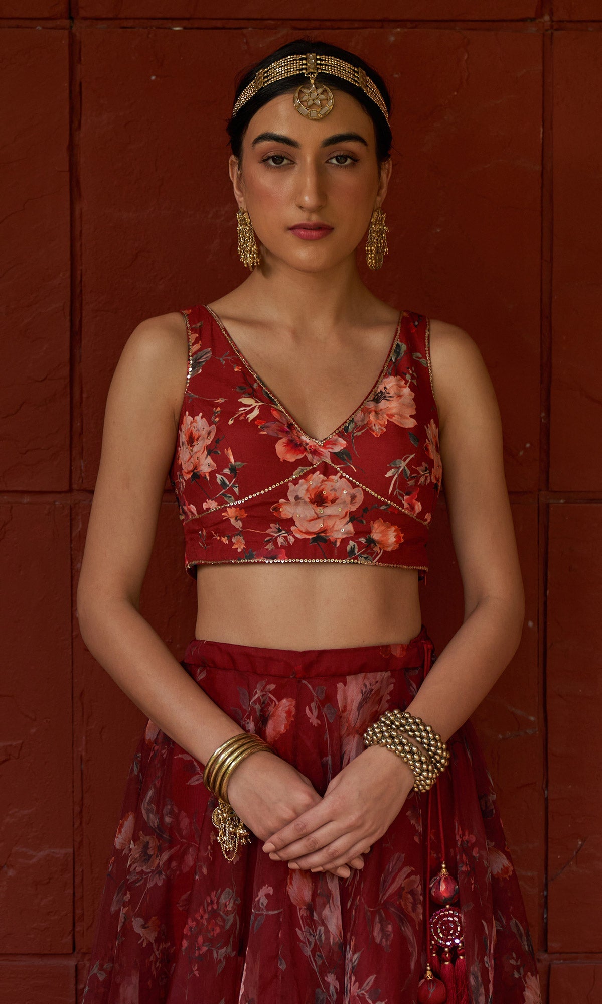 Bagh - Red Floral Printed Lehenga Set - set of 3