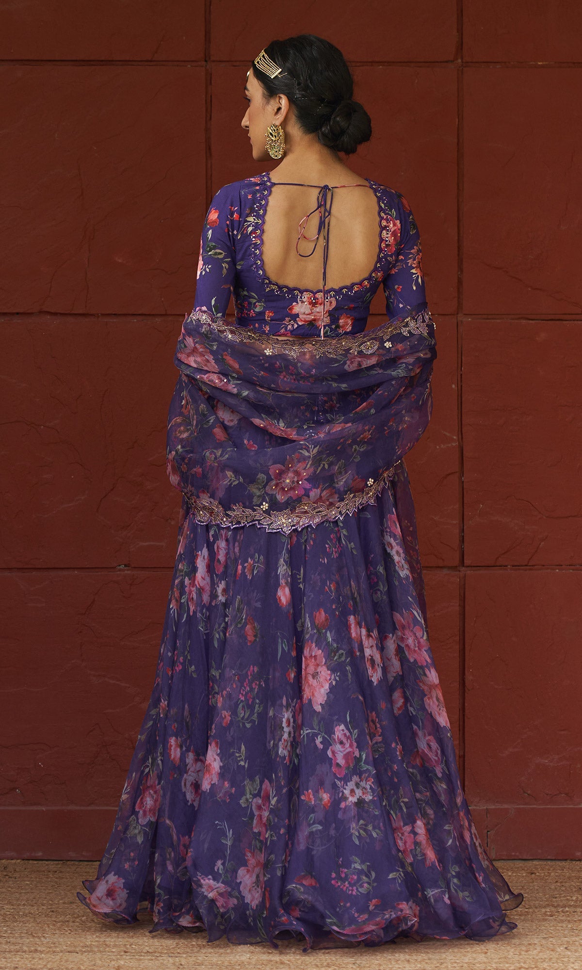 Bagh - Purple Floral Printed Lehenga Set - set of 3