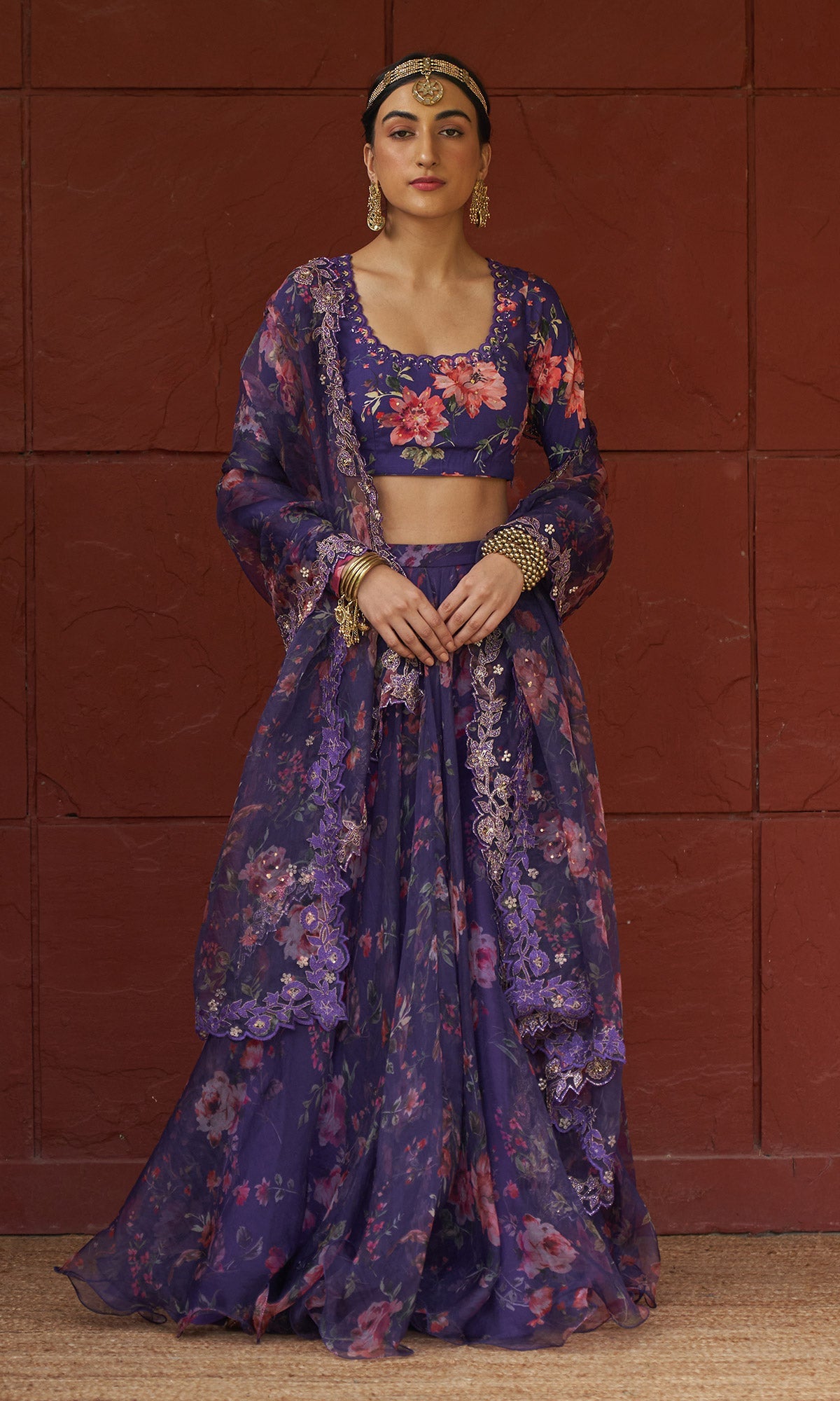 Bagh - Purple Floral Printed Lehenga Set - set of 3