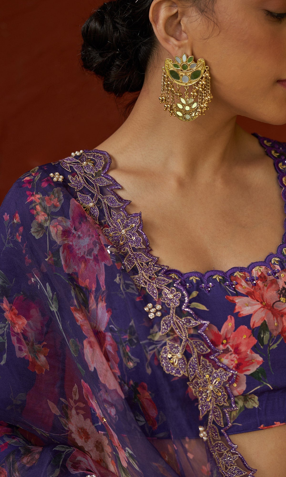 Bagh - Purple Floral Printed Lehenga Set - set of 3