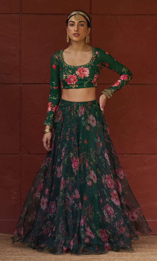 Bagh - Green Floral Printed Lehenga Set - set of 3