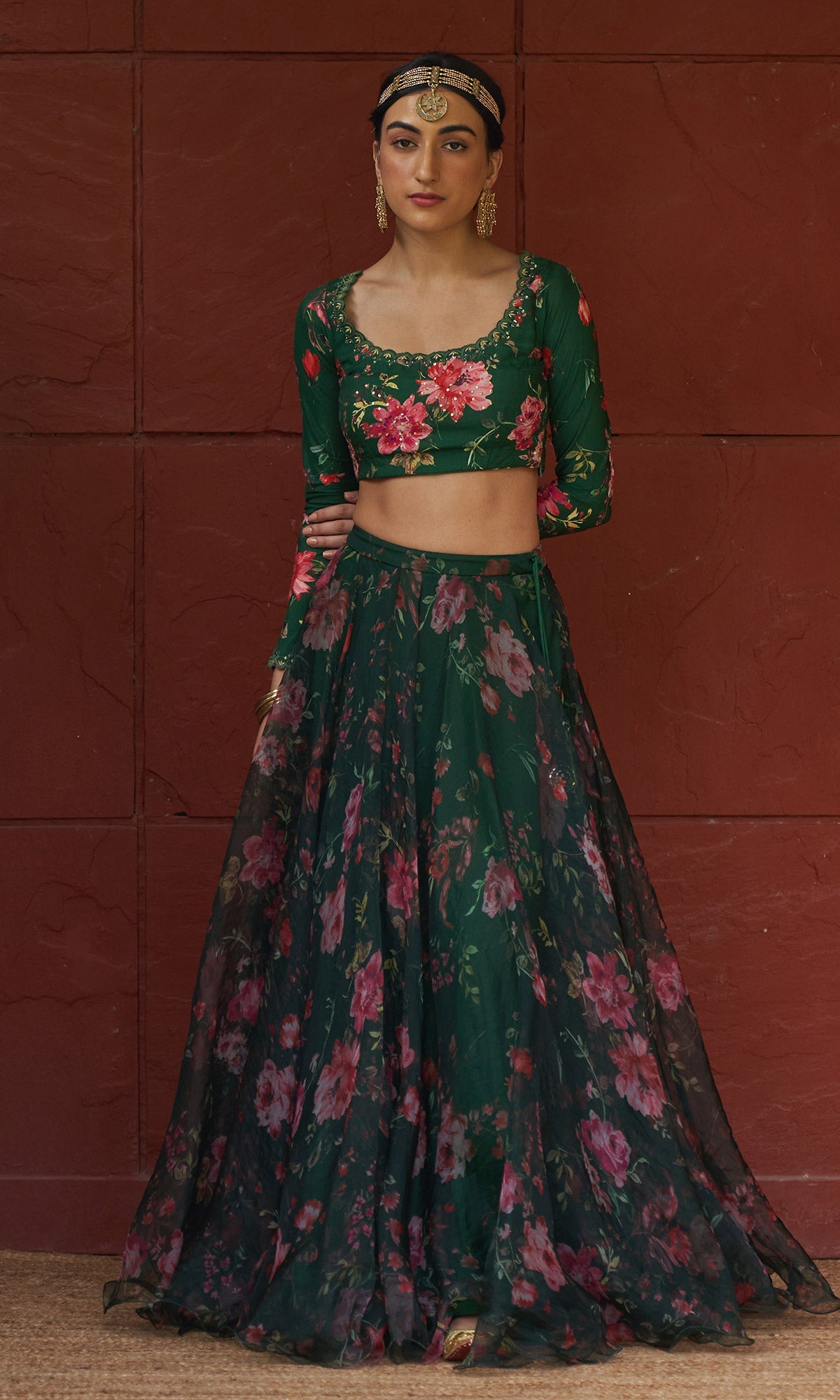 Bagh - Green Floral Printed Lehenga Set - set of 3