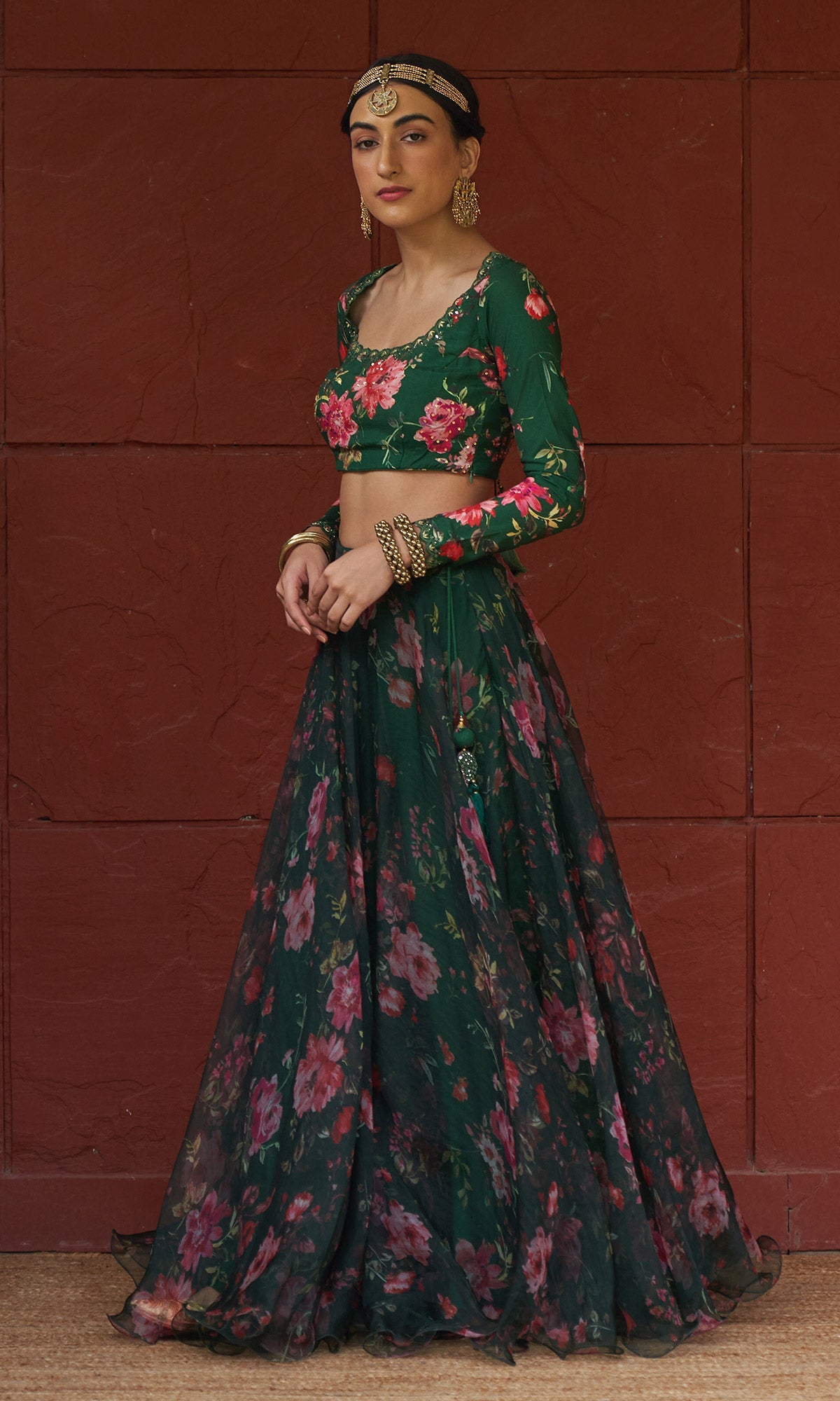 Bagh - Green Floral Printed Lehenga Set - set of 3