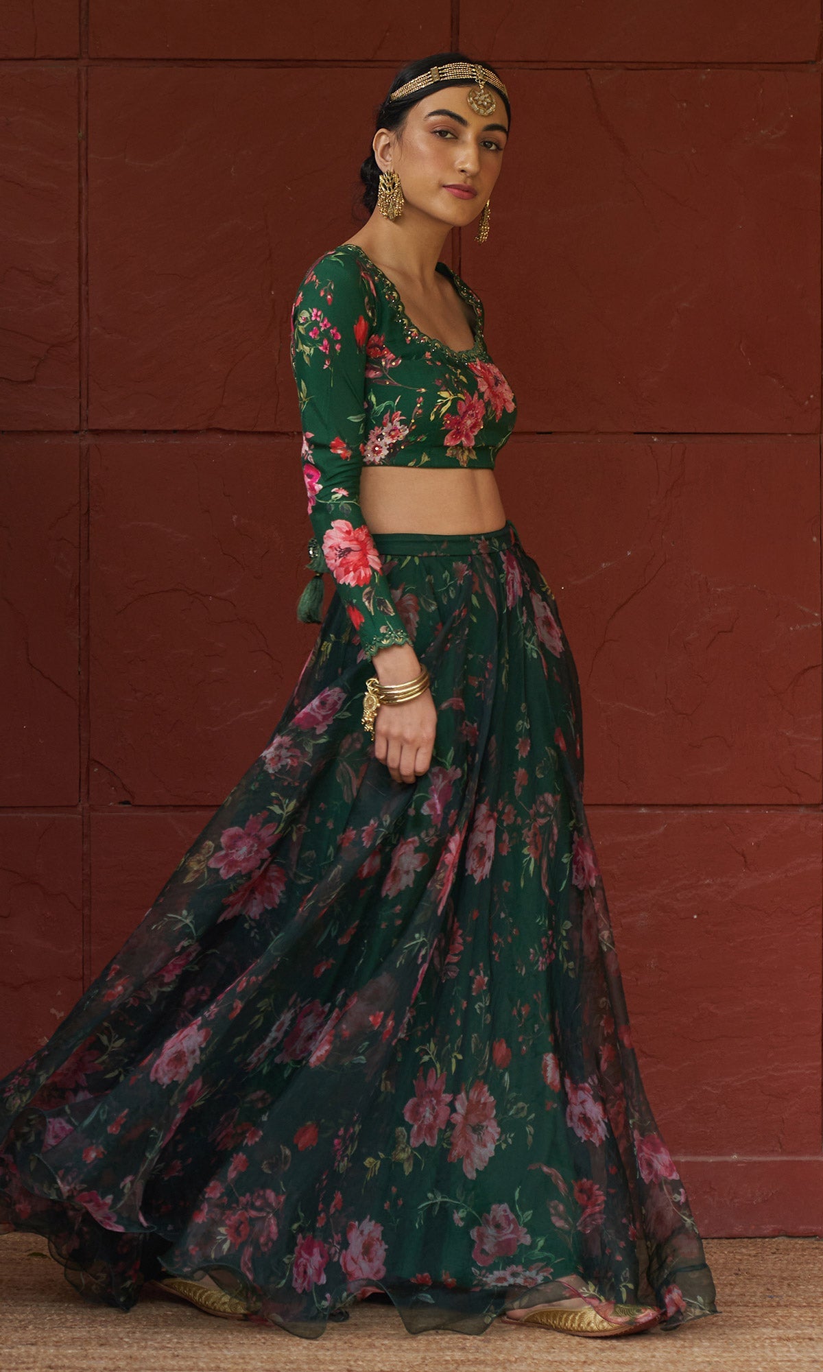 Bagh - Green Floral Printed Lehenga Set - set of 3