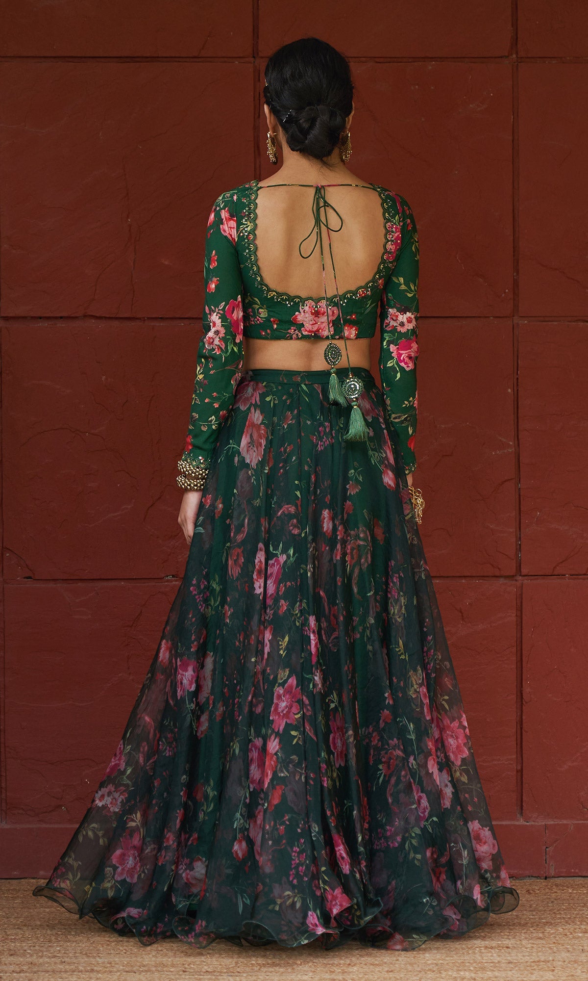 Bagh - Green Floral Printed Lehenga Set - set of 3