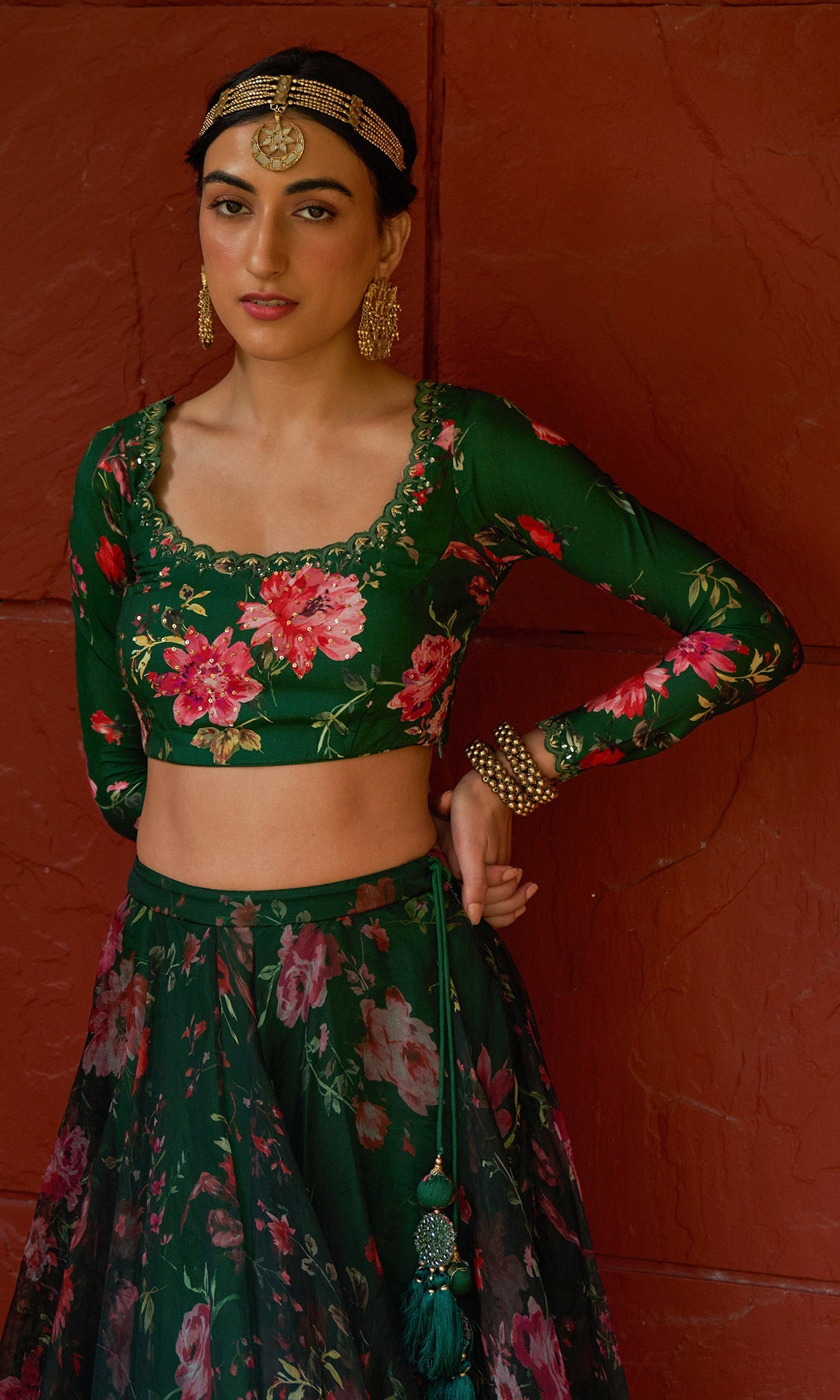 Bagh - Green Floral Printed Lehenga Set - set of 3