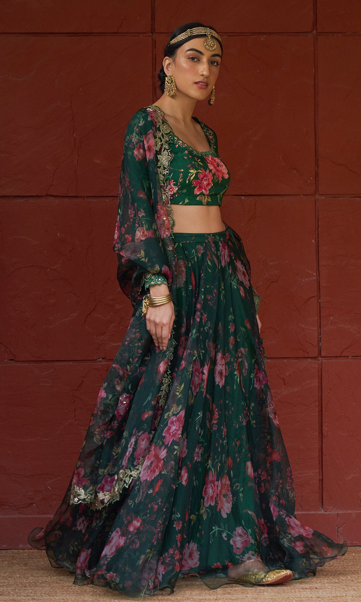 Bagh - Green Floral Printed Lehenga Set - set of 3