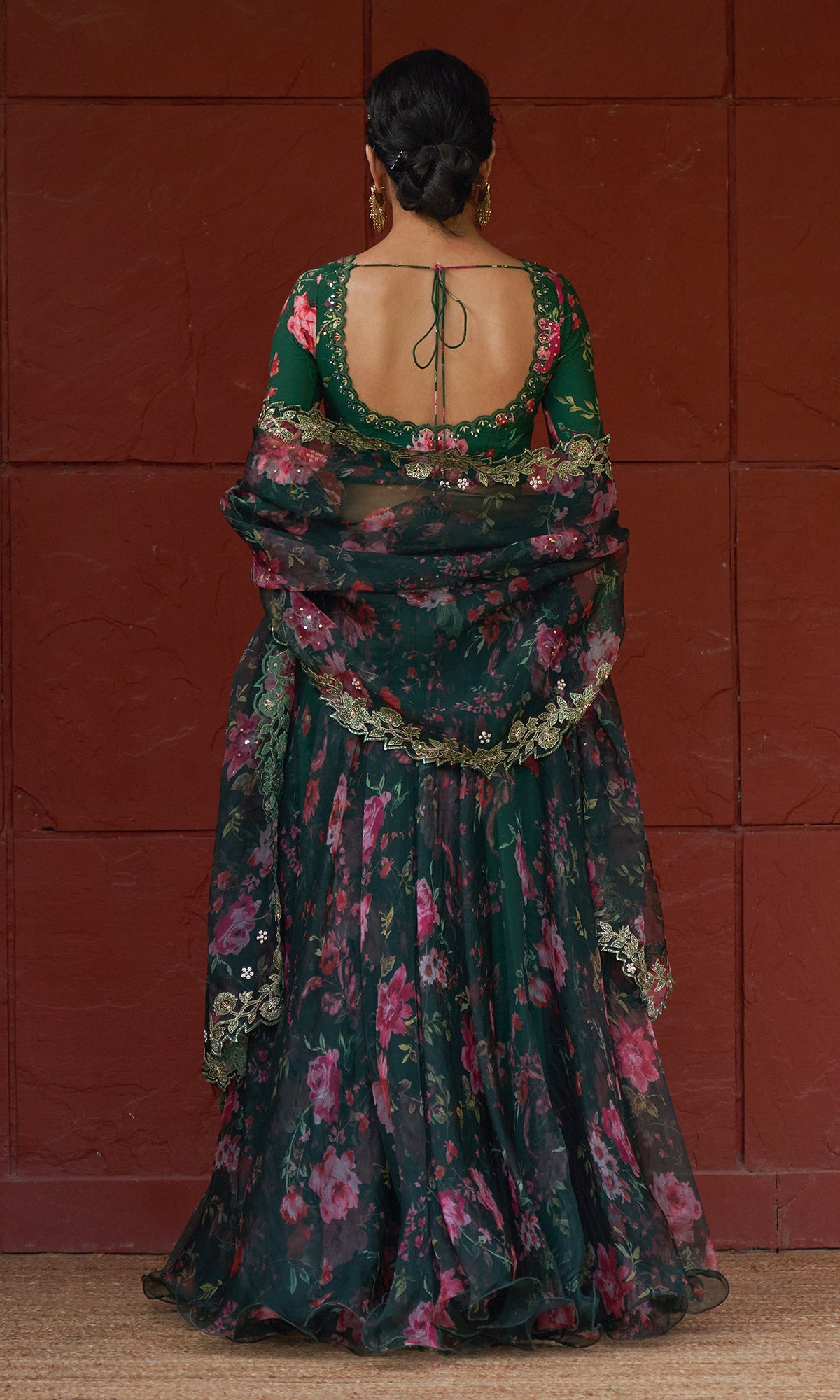 Bagh - Green Floral Printed Lehenga Set - set of 3