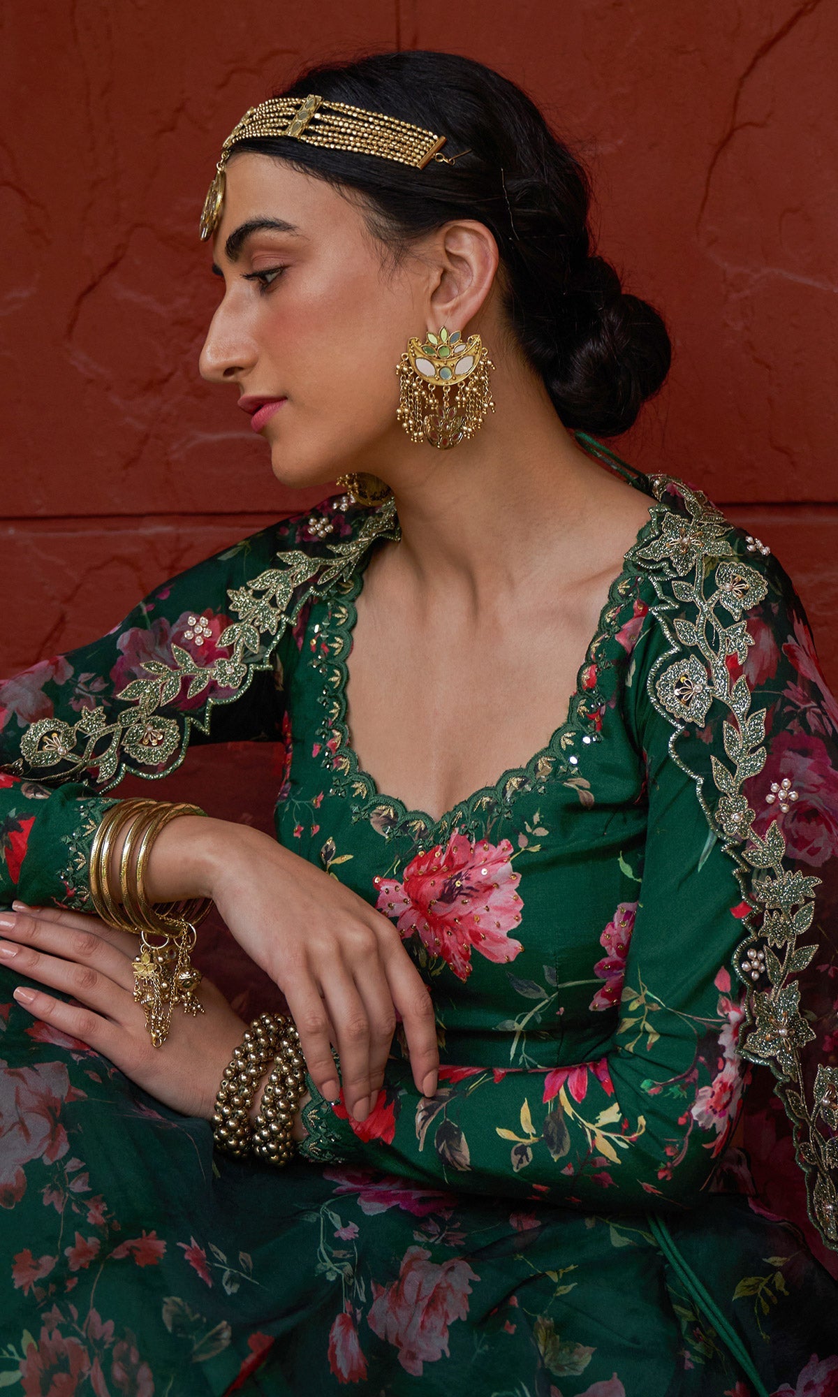 Bagh - Green Floral Printed Lehenga Set - set of 3