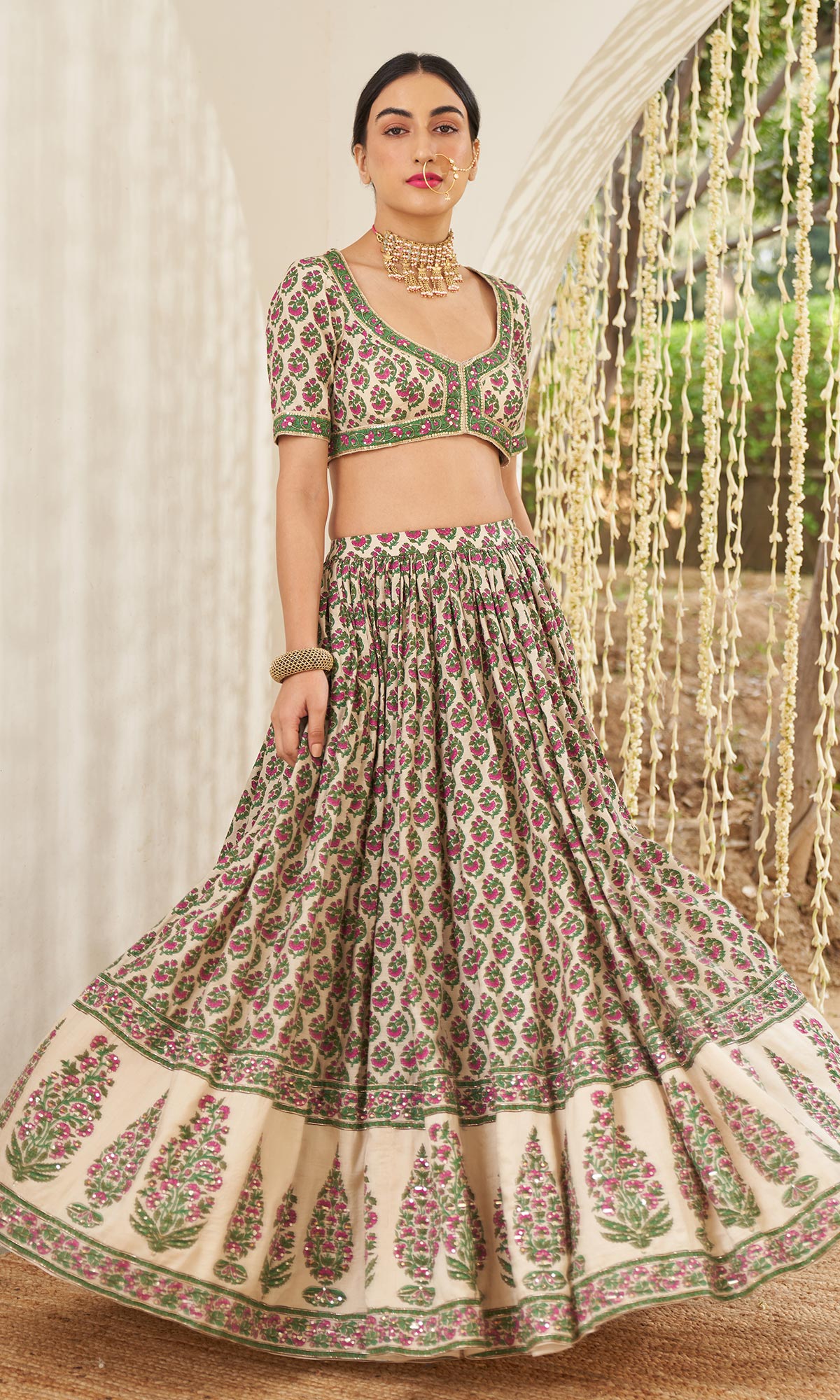 Mirzya - Mughal Block printed Lehenga set with Leheriya dupatta - set of 3