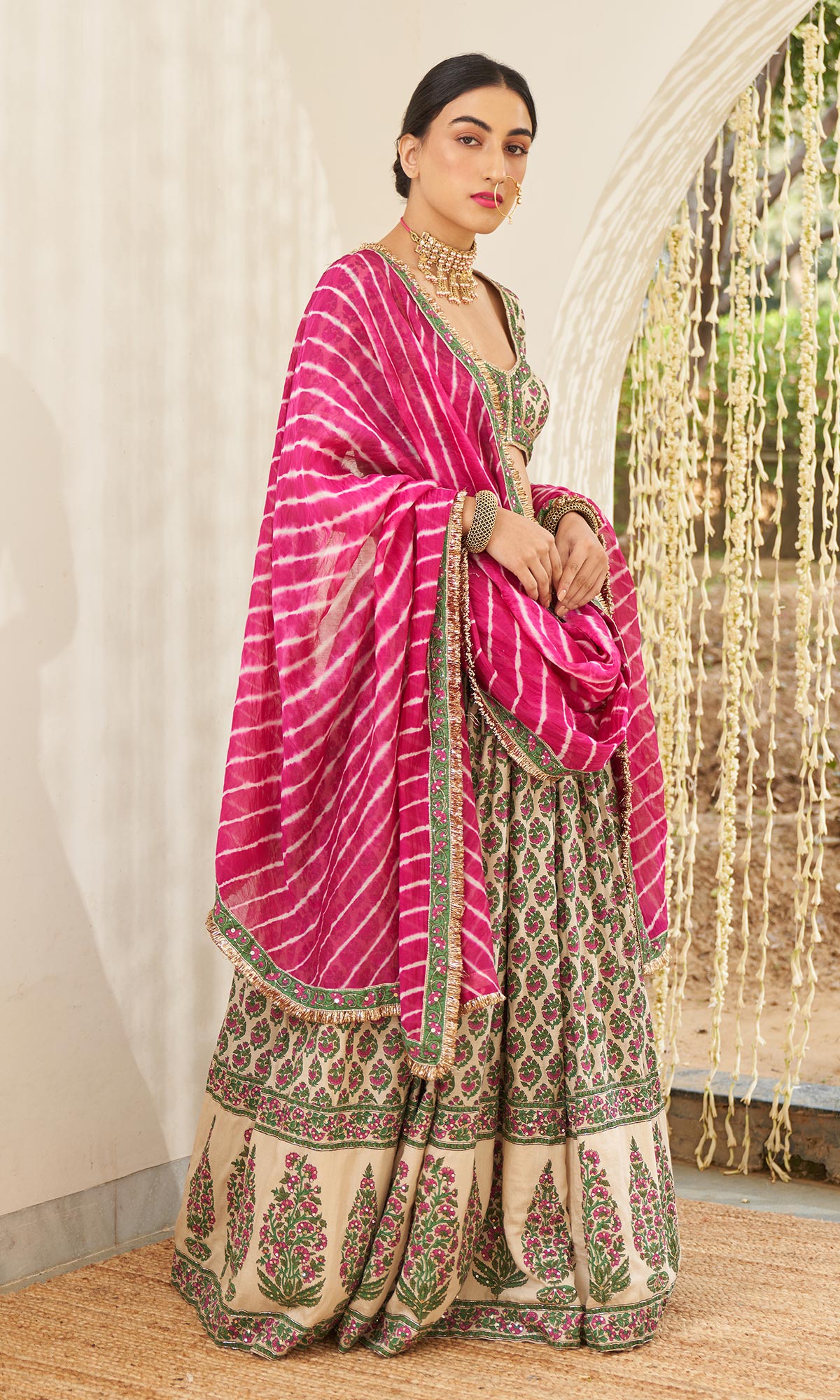 Mirzya - Mughal Block printed Lehenga set with Leheriya dupatta - set of 3