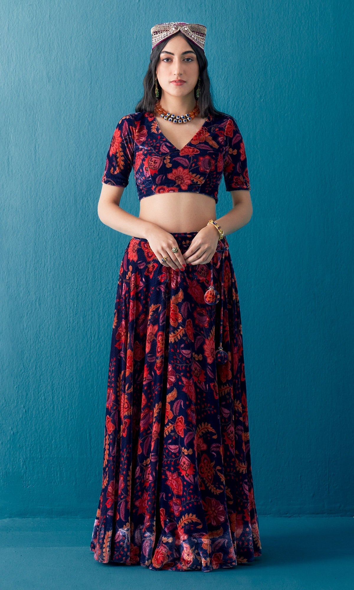 Khizaan Chintz Midnight Blue Velvet Lehenga Set With Shawl Set Of 3