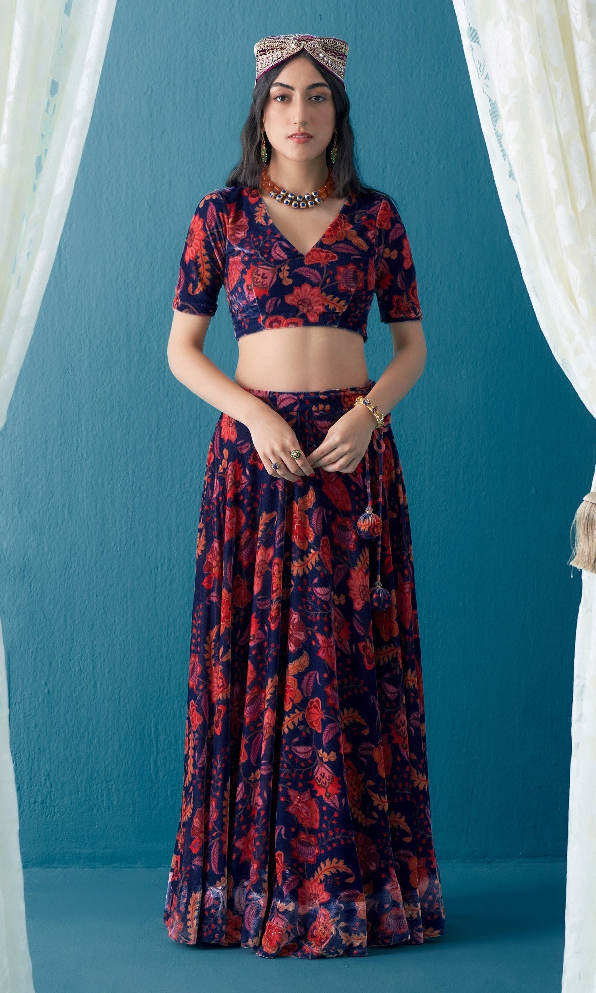 Khizaan Chintz Midnight Blue Velvet Lehenga Set With Shawl Set Of 3