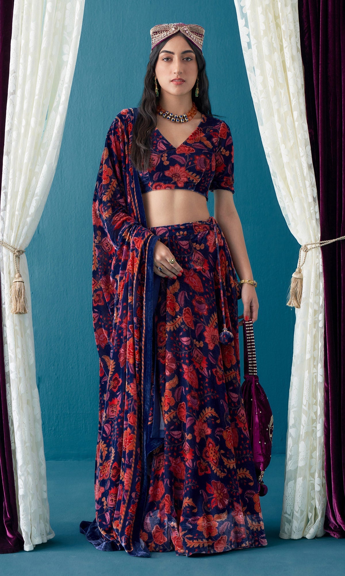 Khizaan Chintz Midnight Blue Velvet Lehenga Set With Shawl Set Of 3