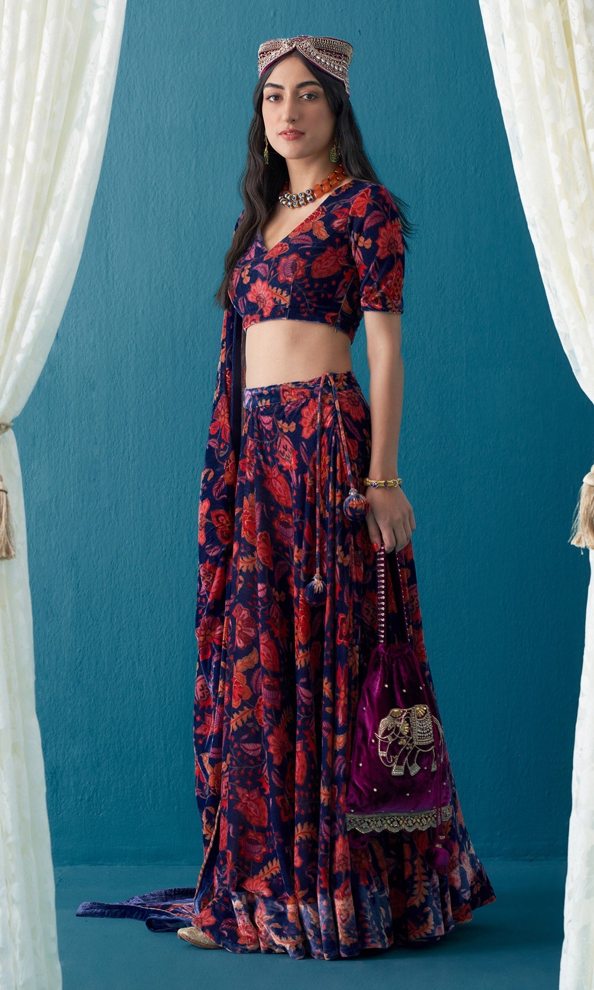 Khizaan Chintz Midnight Blue Velvet Lehenga Set With Shawl Set Of 3