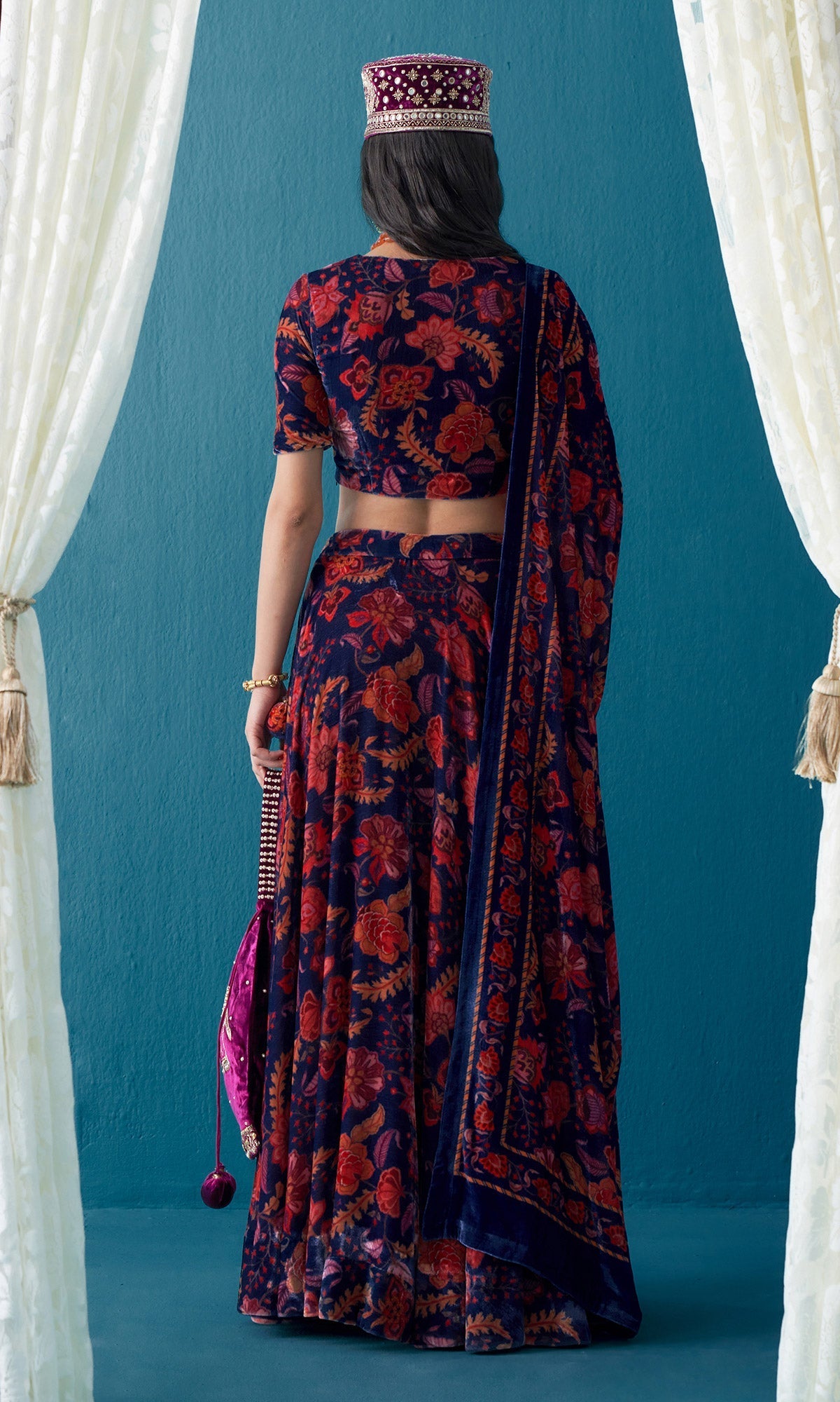 Khizaan Chintz Midnight Blue Velvet Lehenga Set With Shawl Set Of 3