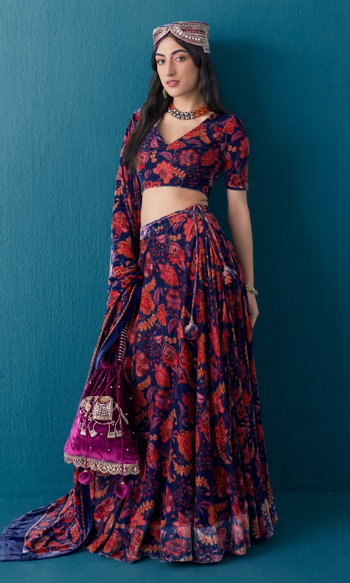 Khizaan Chintz Midnight Blue Velvet Lehenga Set With Shawl Set Of 3