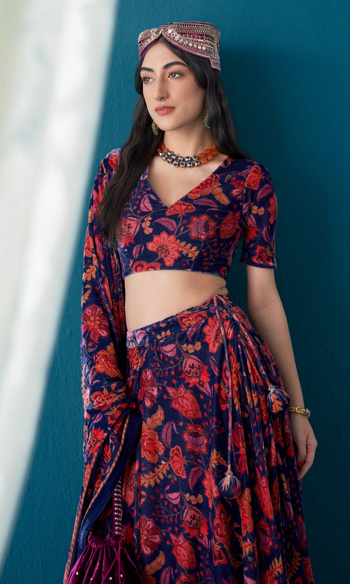 Khizaan Chintz Midnight Blue Velvet Lehenga Set With Shawl Set Of 3