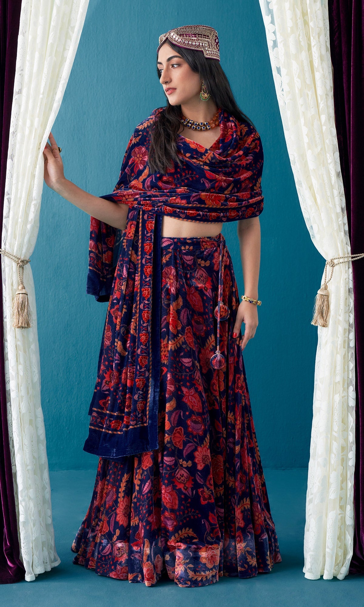 Khizaan Chintz Midnight Blue Velvet Lehenga Set With Shawl Set Of 3
