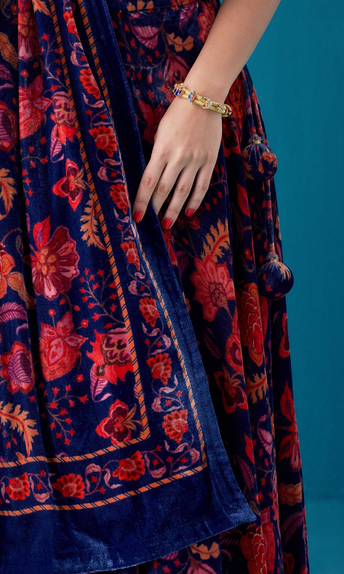 Khizaan Chintz Midnight Blue Velvet Lehenga Set With Shawl Set Of 3