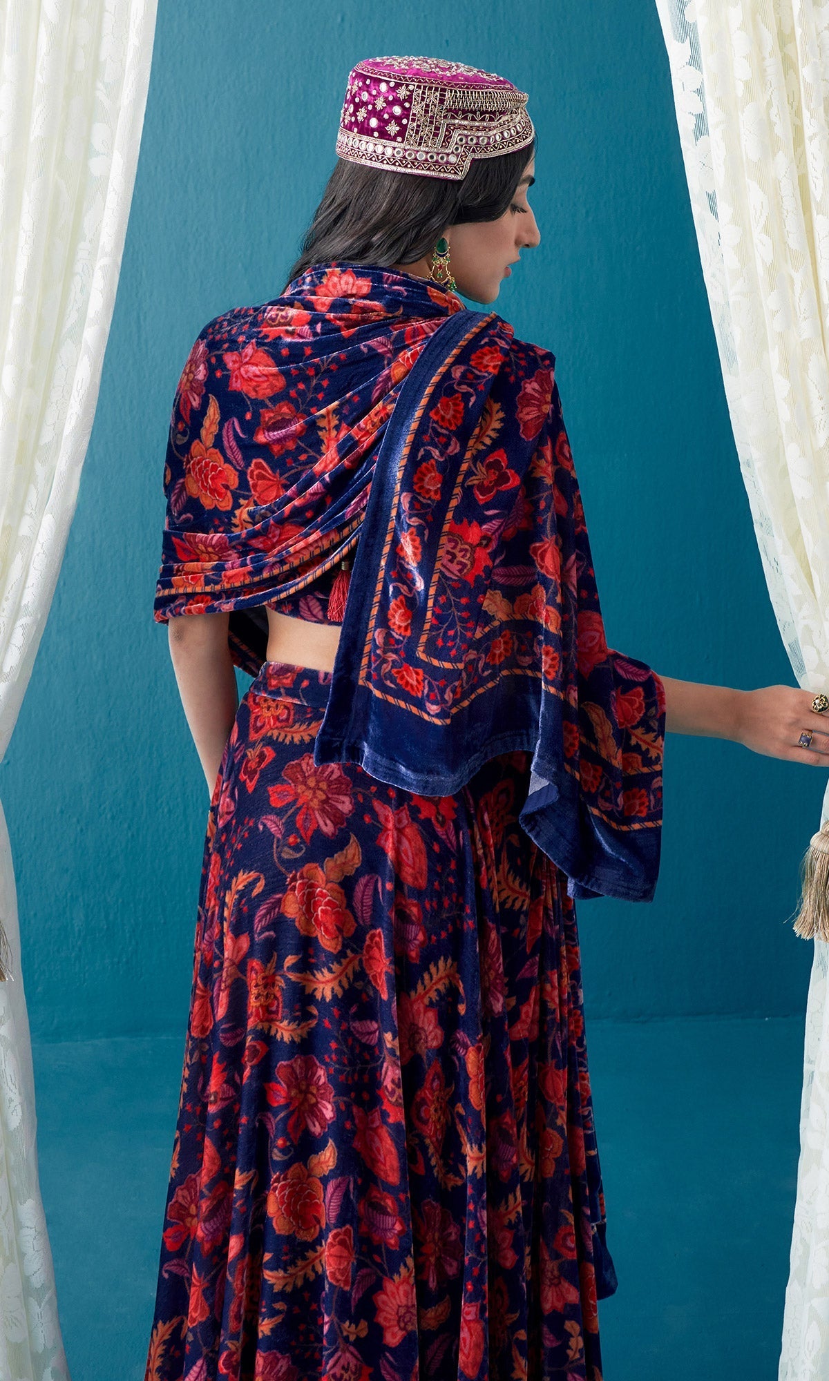 Khizaan Chintz Midnight Blue Velvet Lehenga Set With Shawl Set Of 3
