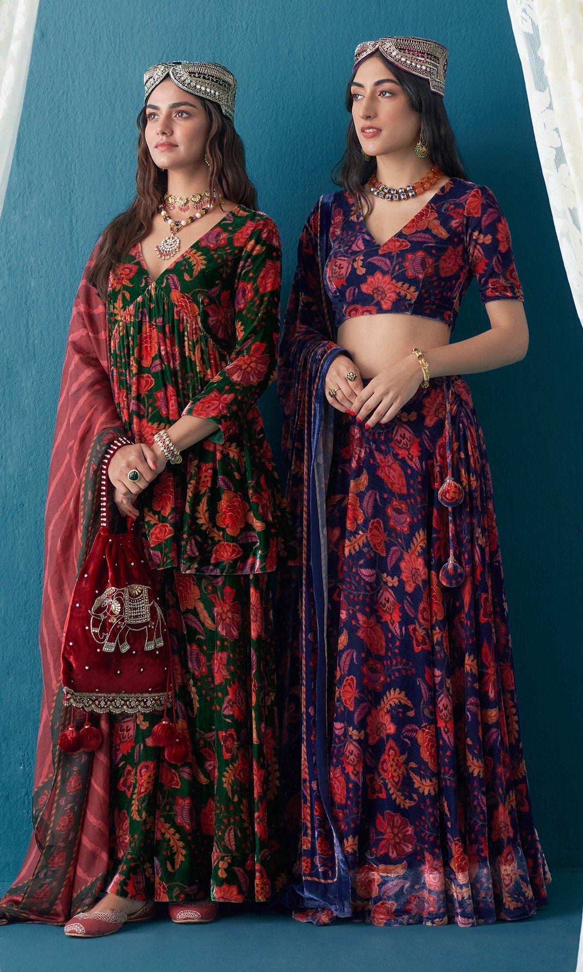 Khizaan Chintz Midnight Blue Velvet Lehenga Set With Shawl Set Of 3