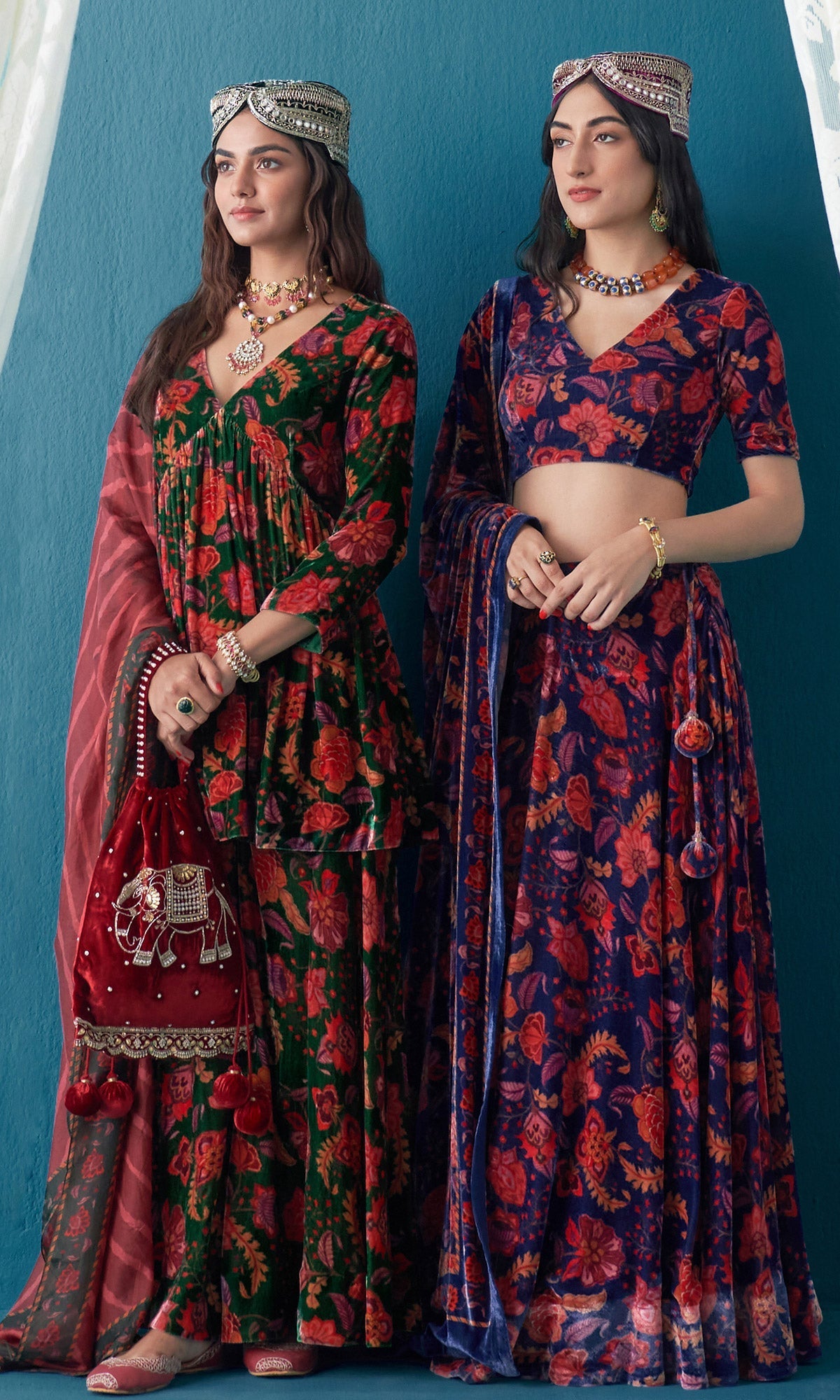 Khizaan Chintz Midnight Blue Velvet Lehenga Set With Shawl Set Of 3