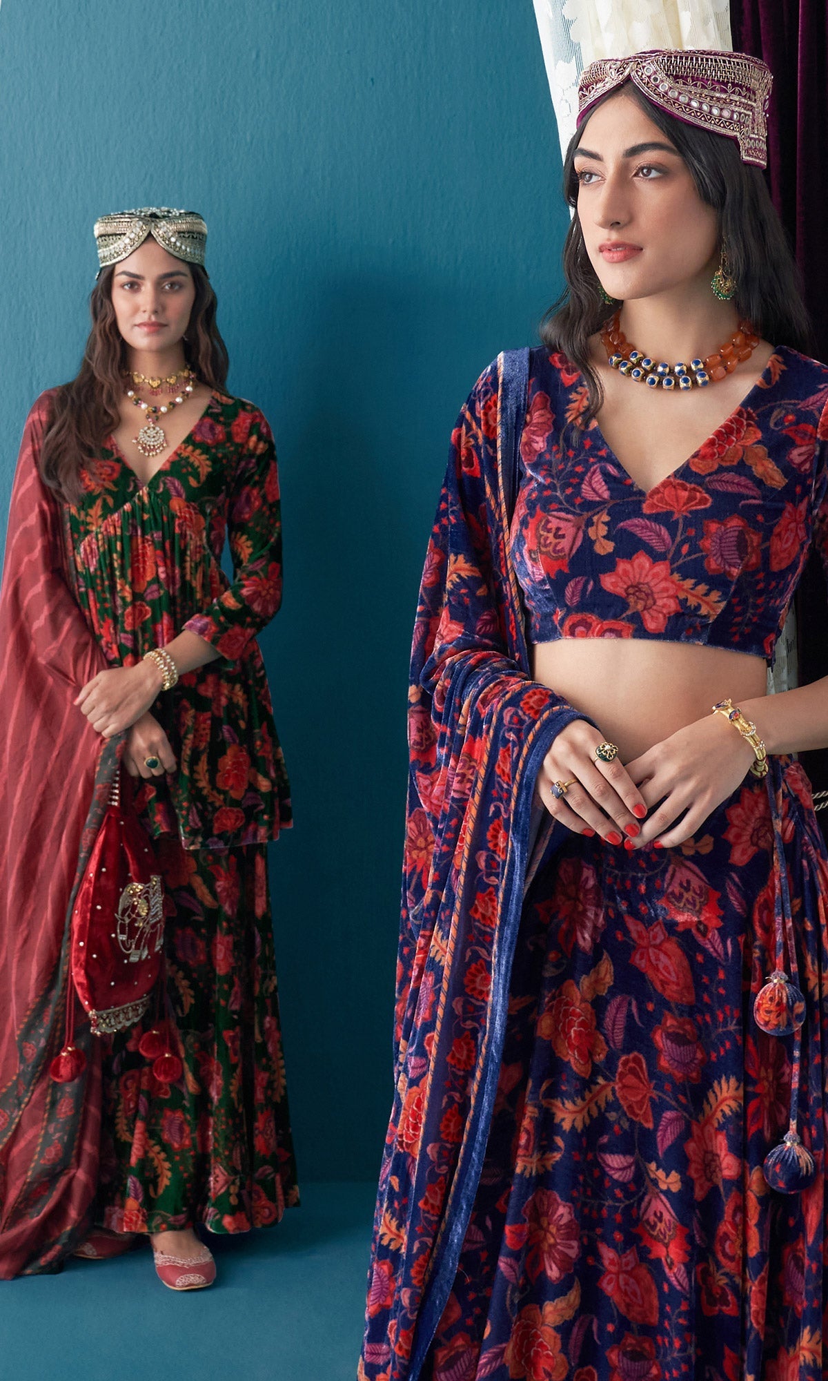 Khizaan Chintz Midnight Blue Velvet Lehenga Set With Shawl Set Of 3