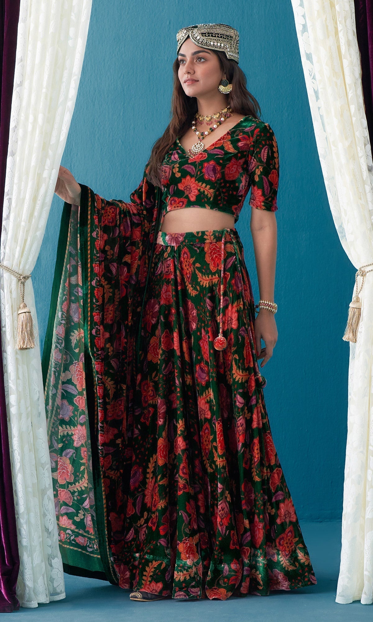 Khizaan Chintz Emerald Green Velvet Lehenga Set With Shawl Set Of 3