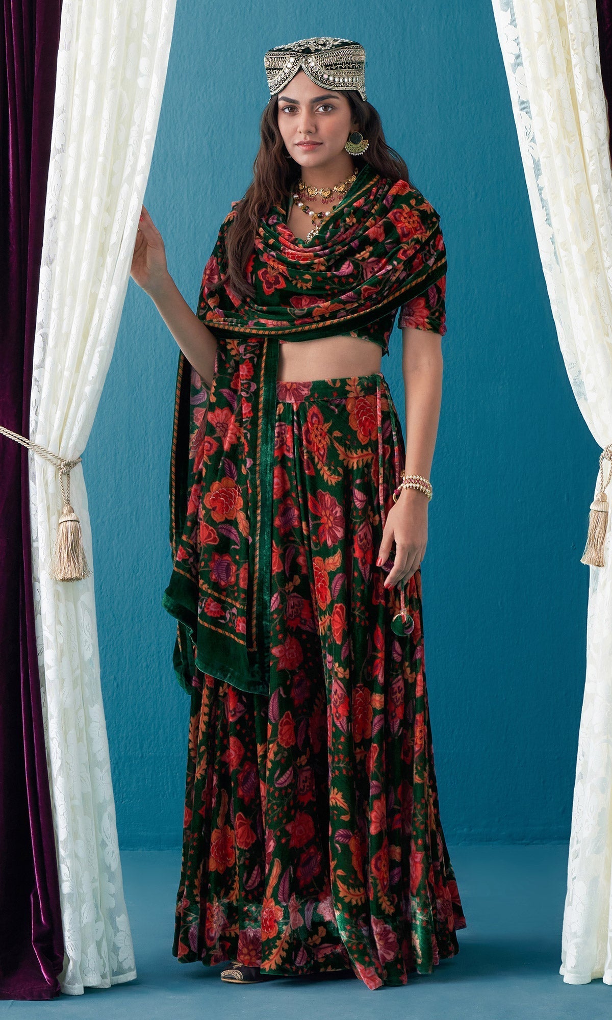 Khizaan Chintz Emerald Green Velvet Lehenga Set With Shawl Set Of 3