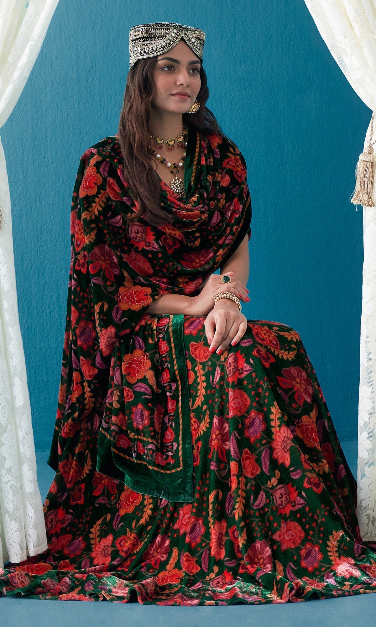 Khizaan Chintz Emerald Green Velvet Lehenga Set With Shawl Set Of 3