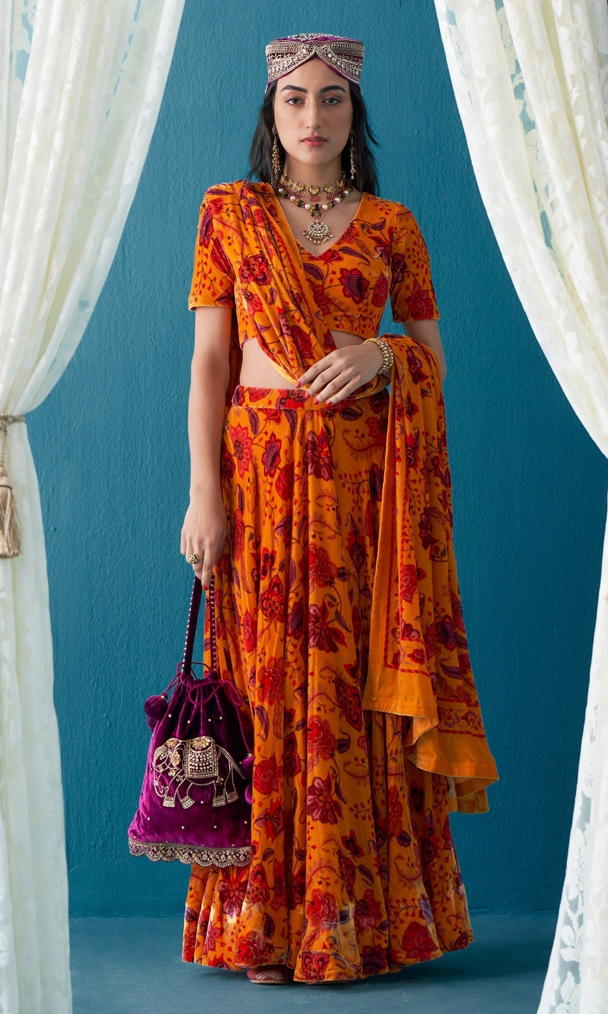 Khizaan Chintz Mustard Velvet Lehenga Set With Shawl Set Of 3