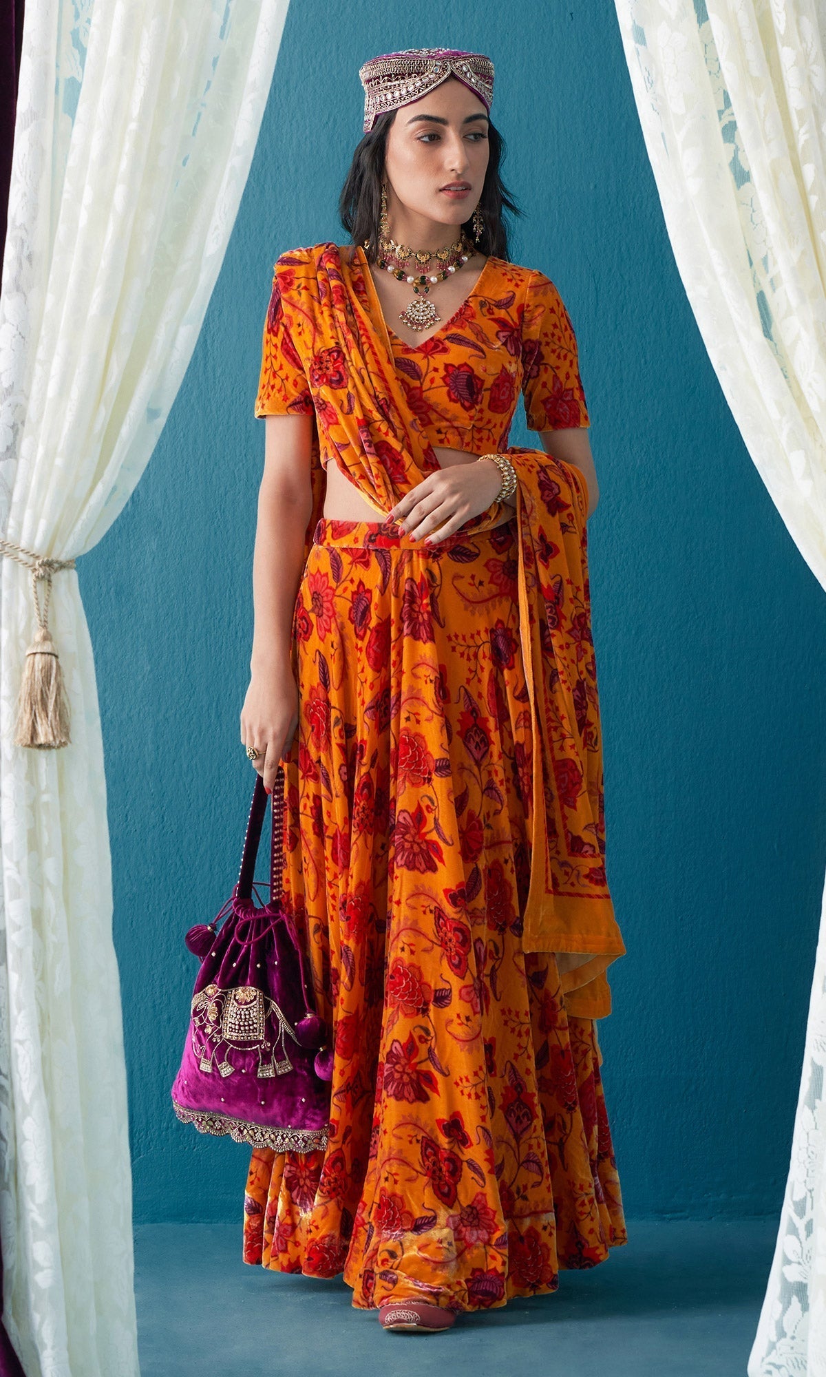 Khizaan Chintz Mustard Velvet Lehenga Set With Shawl Set Of 3