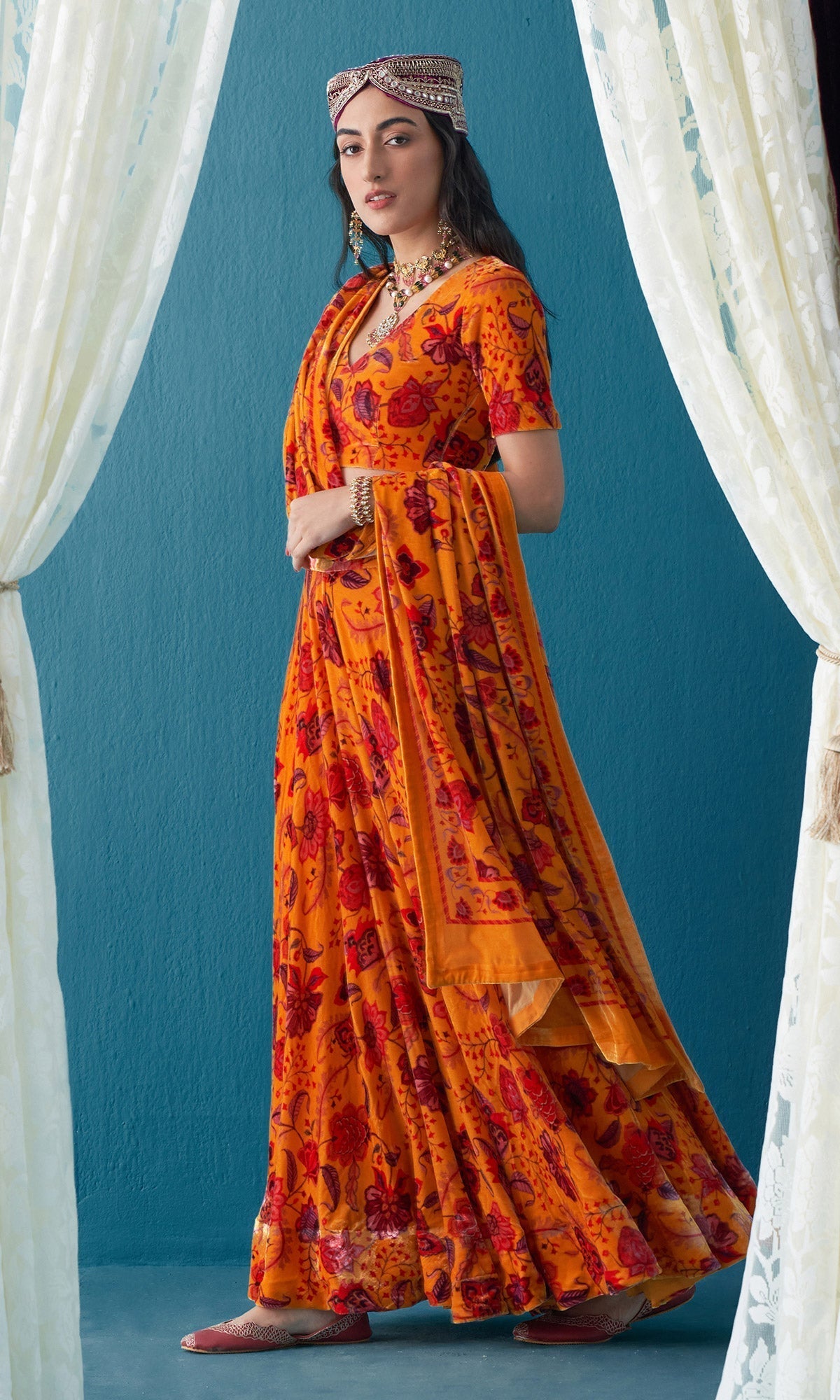 Khizaan Chintz Mustard Velvet Lehenga Set With Shawl Set Of 3