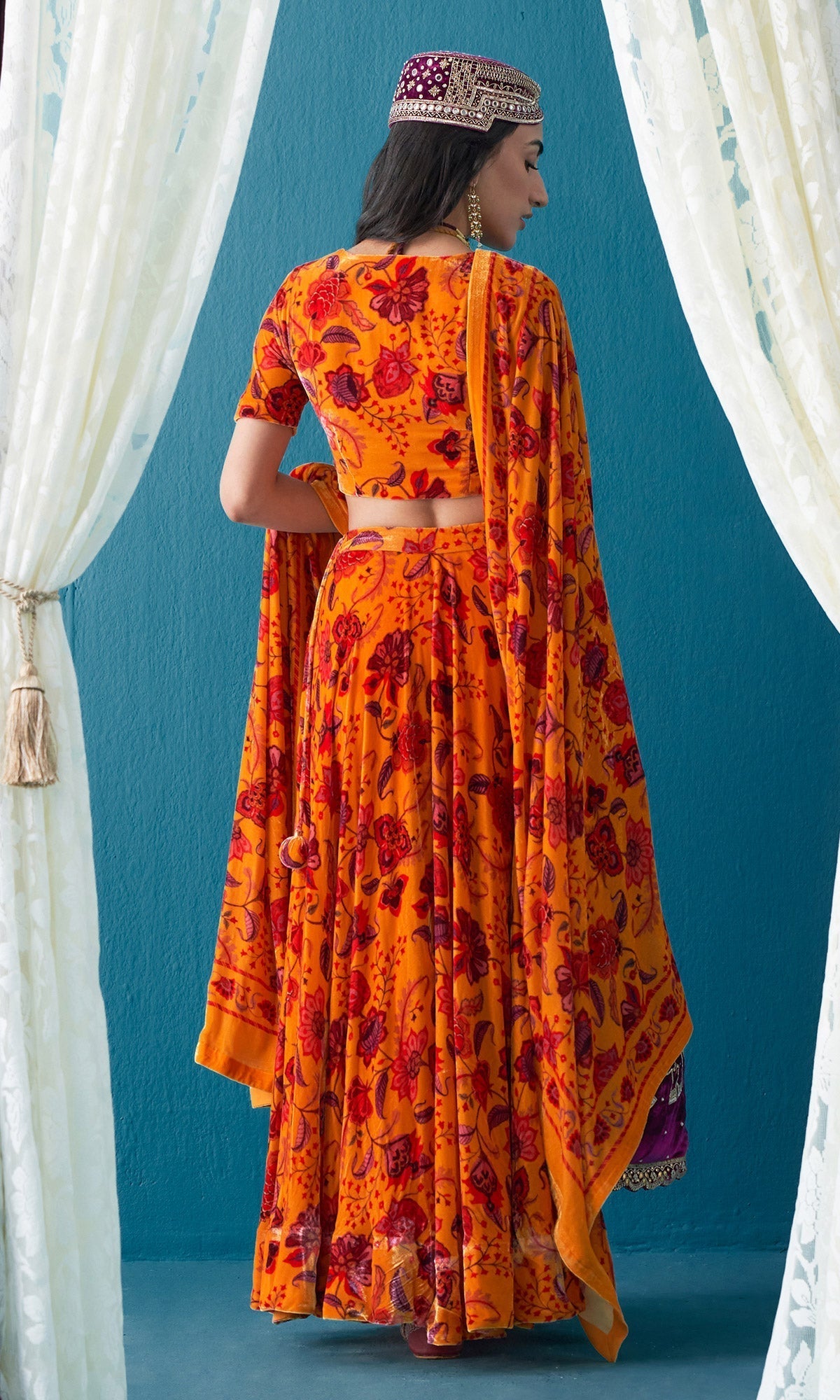 Khizaan Chintz Mustard Velvet Lehenga Set With Shawl Set Of 3