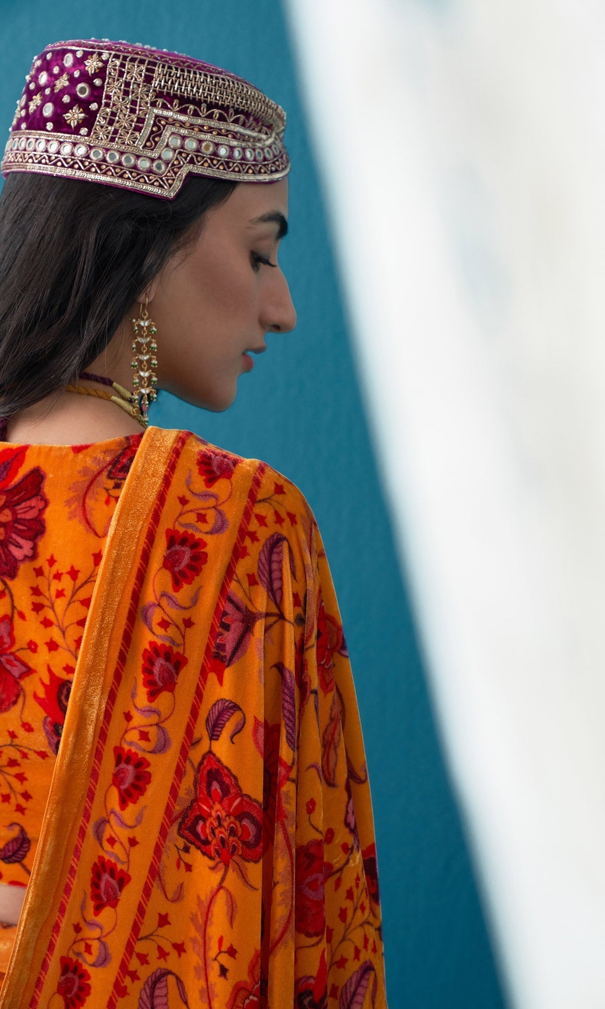 Khizaan Chintz Mustard Velvet Lehenga Set With Shawl Set Of 3