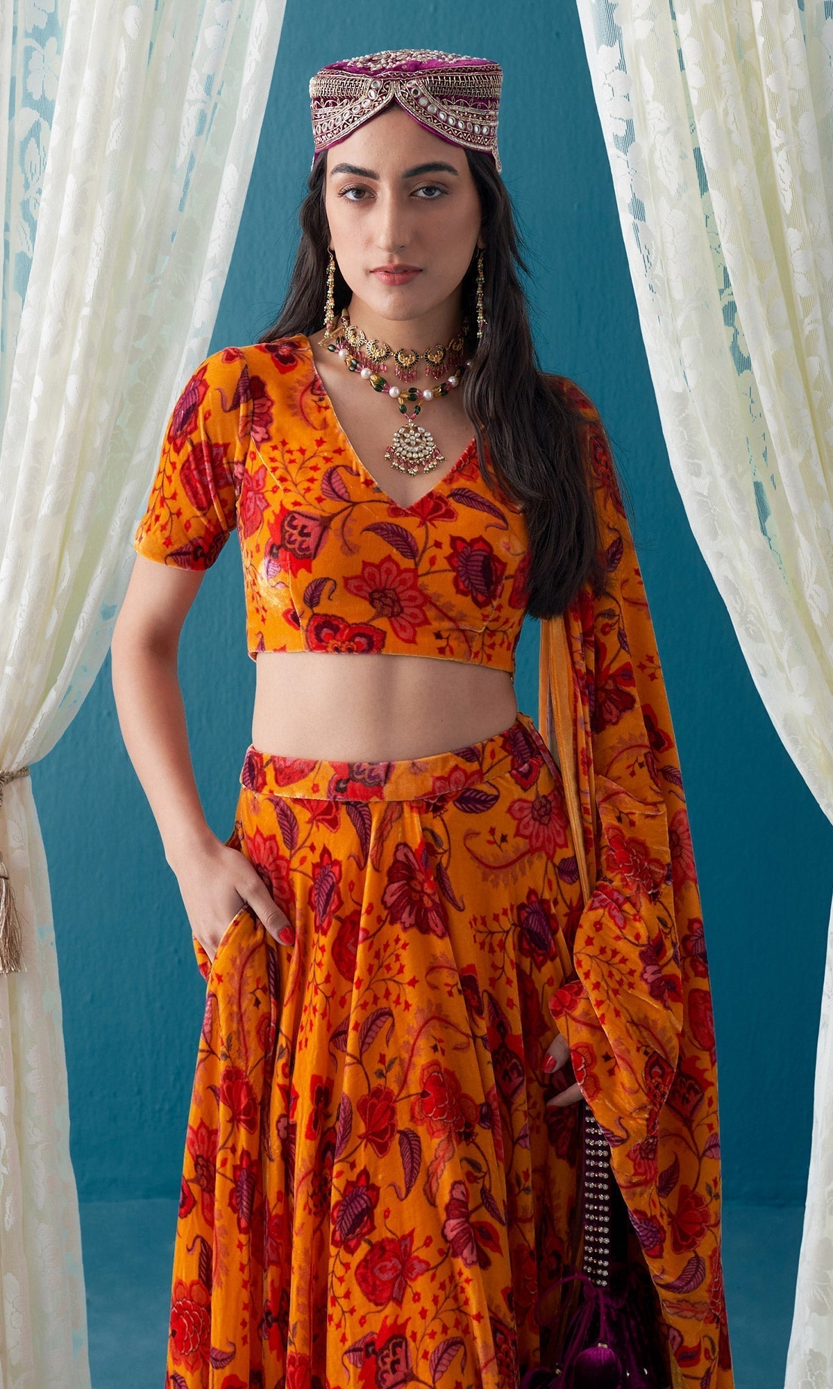 Khizaan Chintz Mustard Velvet Lehenga Set With Shawl Set Of 3