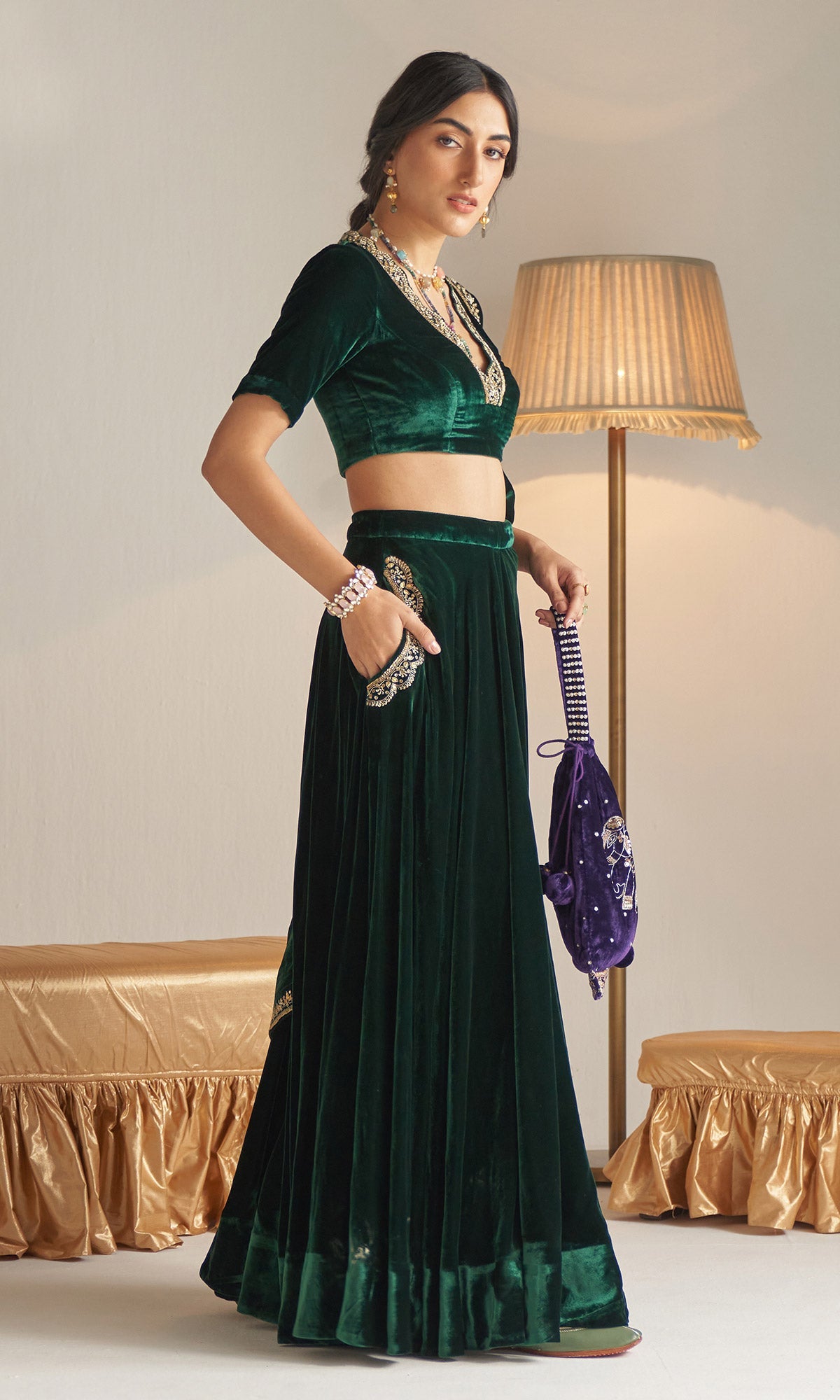 Khizaan Embroidered Emerald Green velvet Lehenga with blouse and shawl