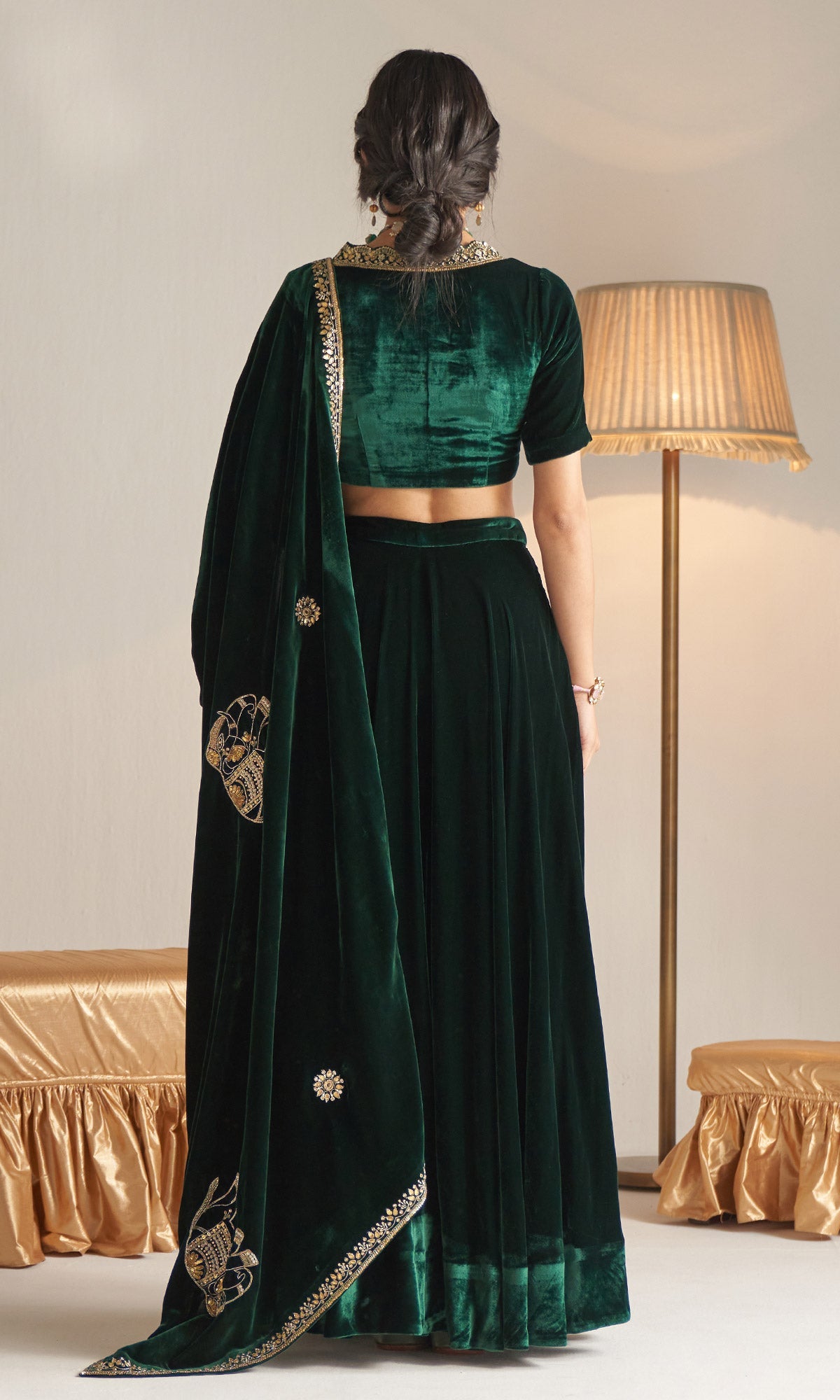 Khizaan Embroidered Emerald Green velvet Lehenga with blouse and shawl