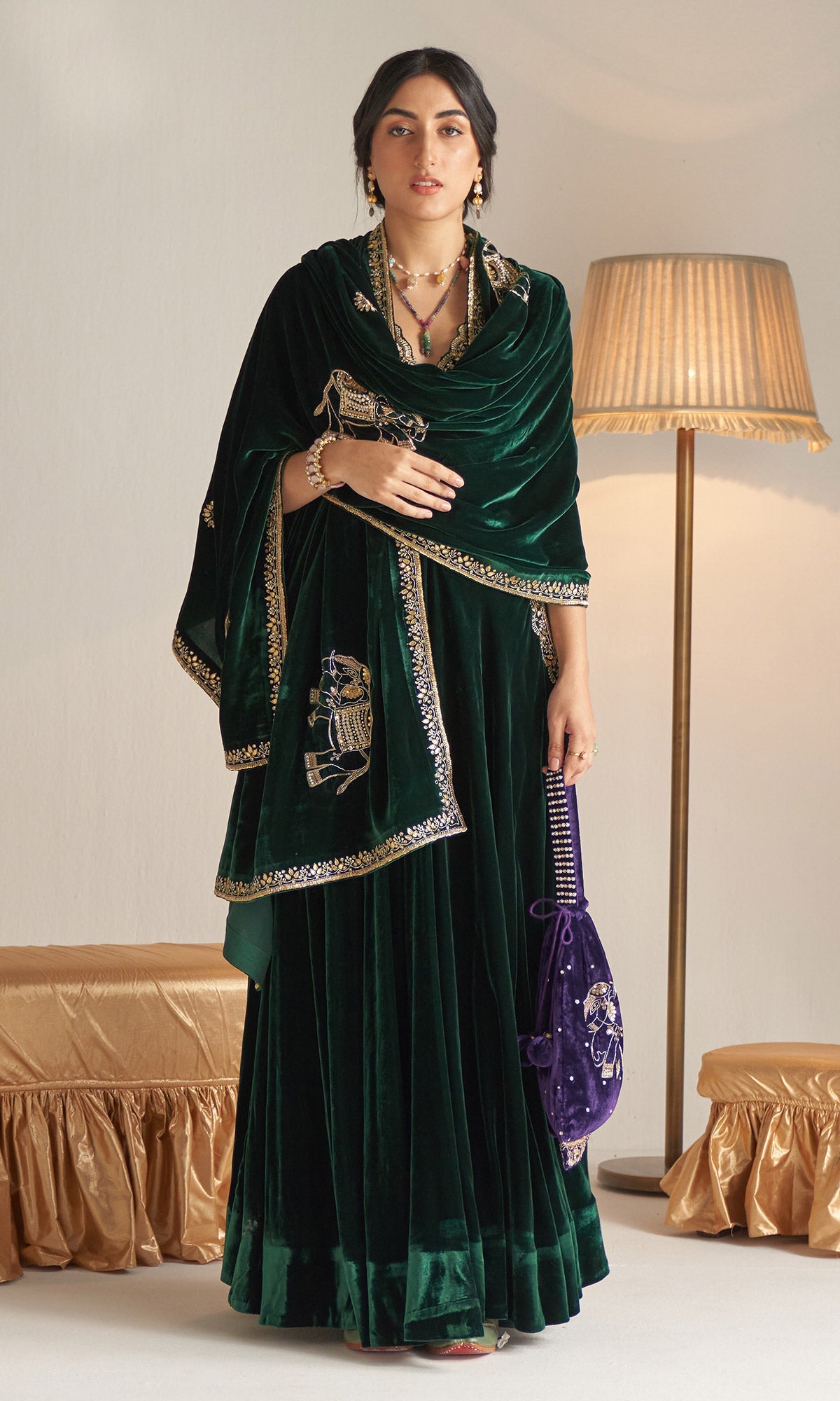 Khizaan Embroidered Emerald Green velvet Lehenga with blouse and shawl