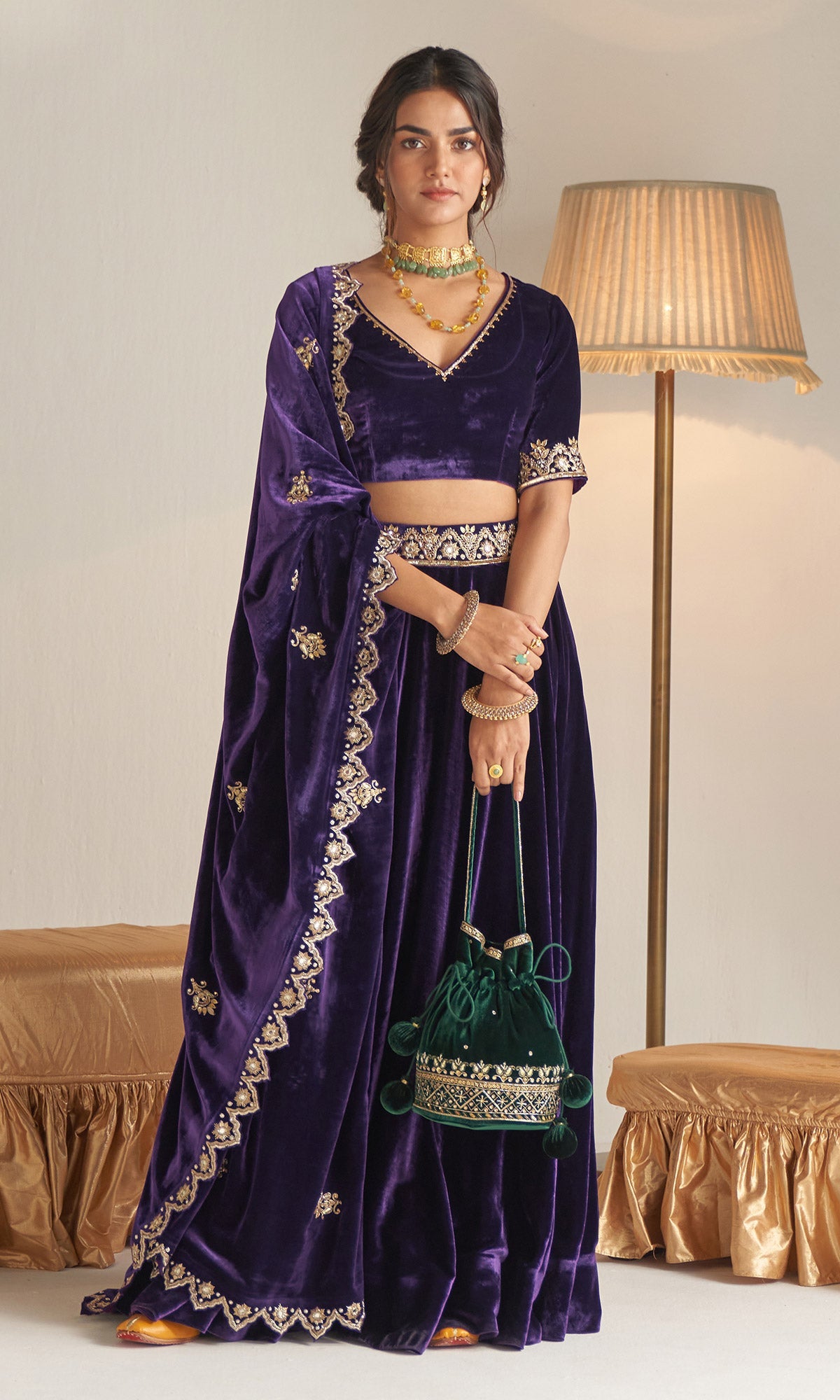 Khizaan Embroidered Purple velvet Lehenga set with scalloped shawl Set of 3