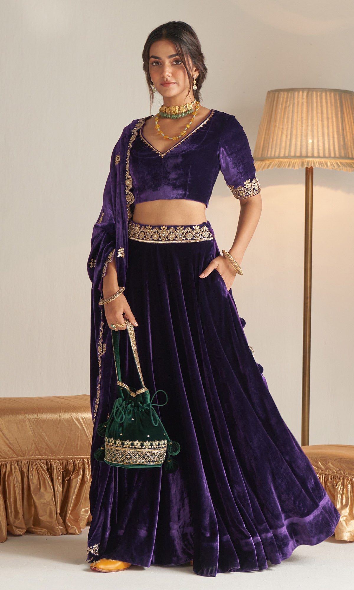 Khizaan Embroidered Purple velvet Lehenga set with scalloped shawl Set of 3
