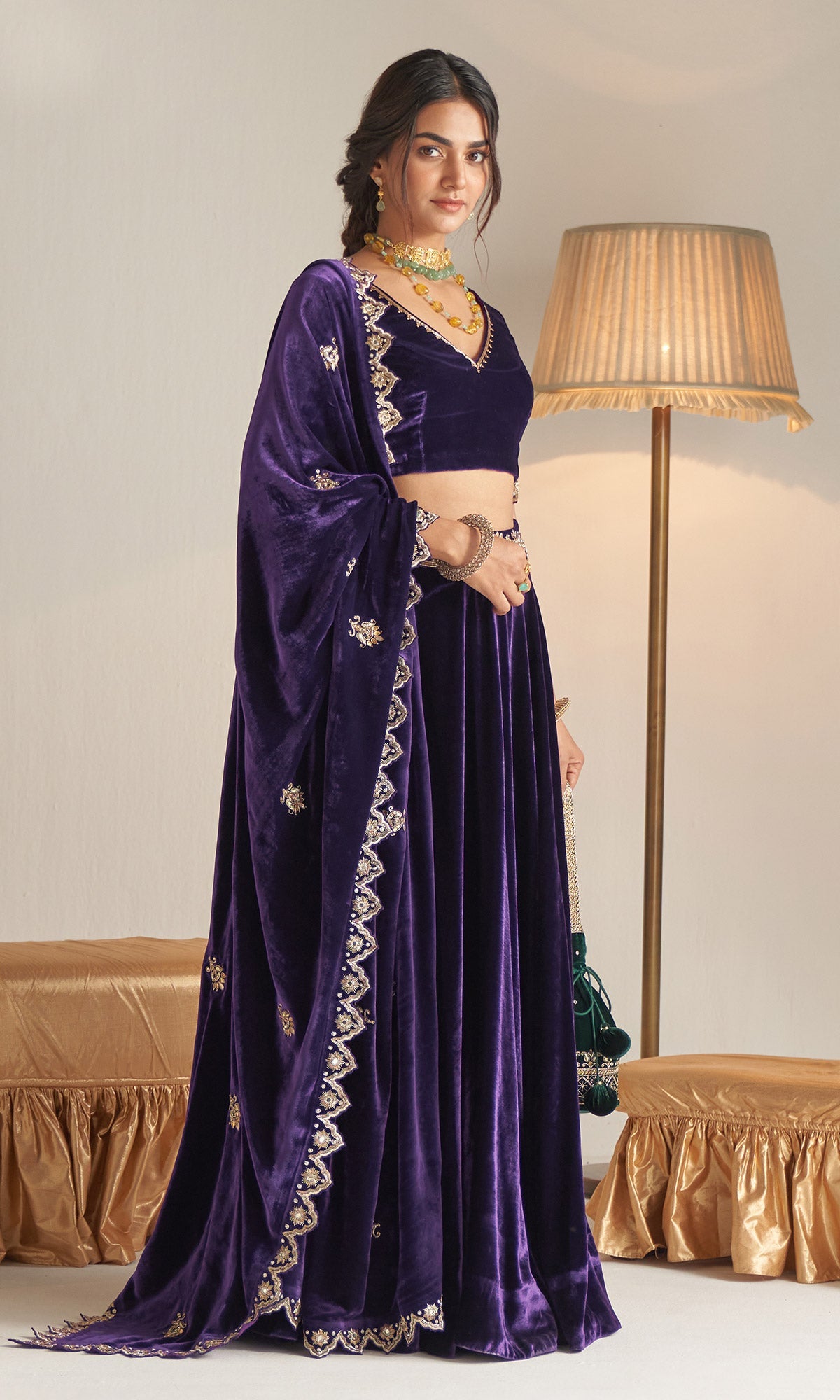 Khizaan Embroidered Purple velvet Lehenga set with scalloped shawl Set of 3