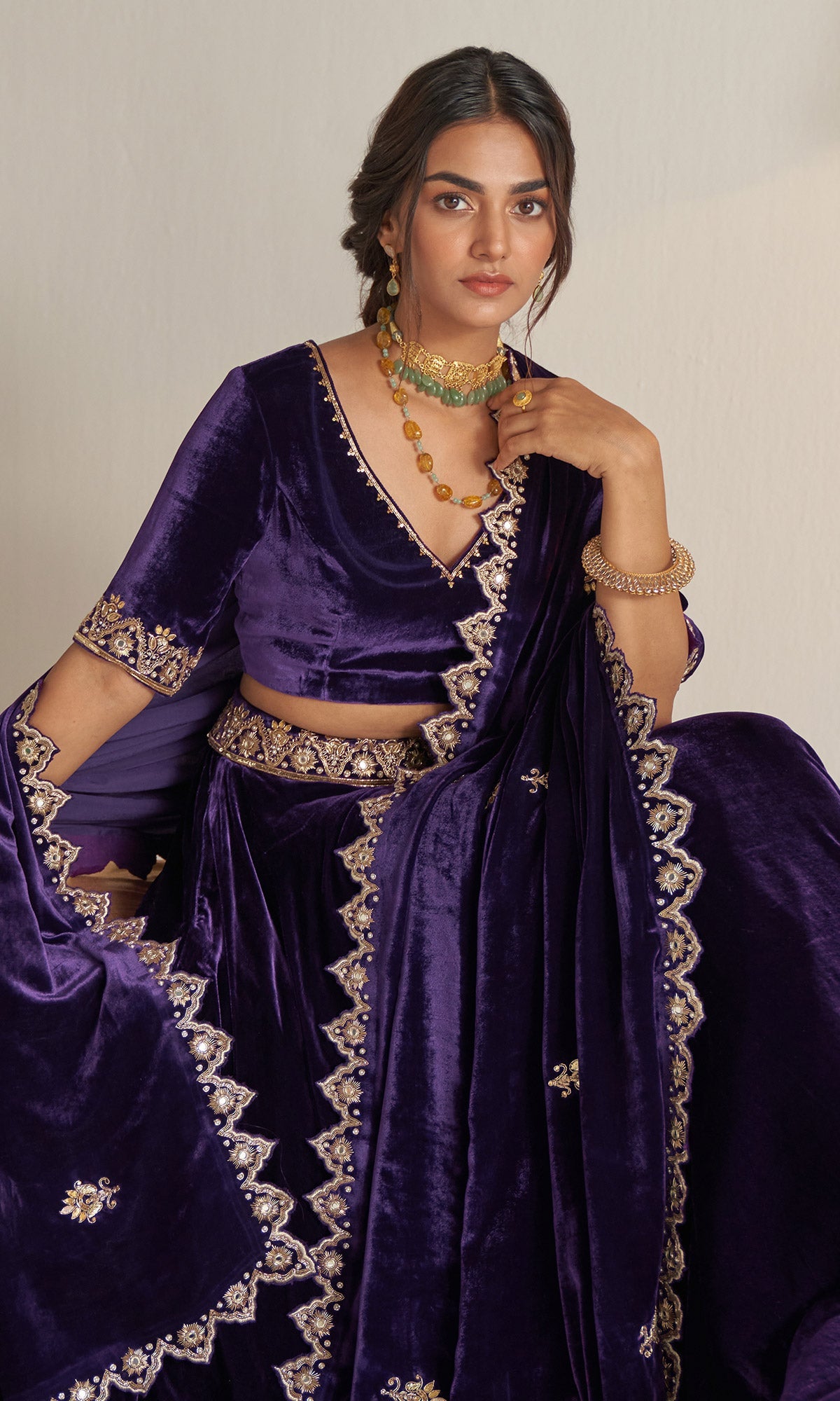 Khizaan Embroidered Purple velvet Lehenga set with scalloped shawl Set of 3