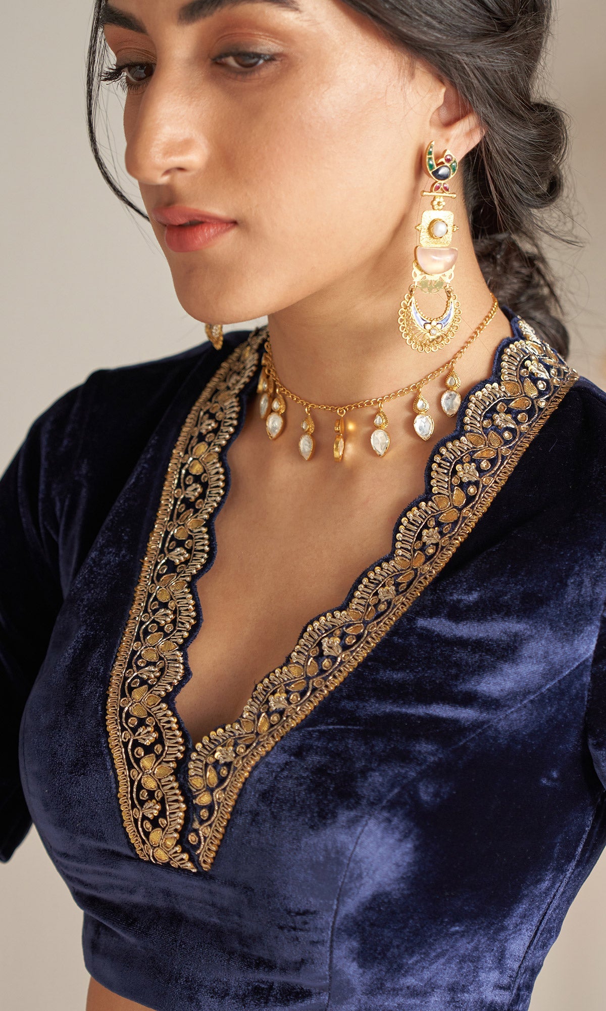Khizaan Embroidered Midnight Blue velvet Lehenga with blouse and shawl