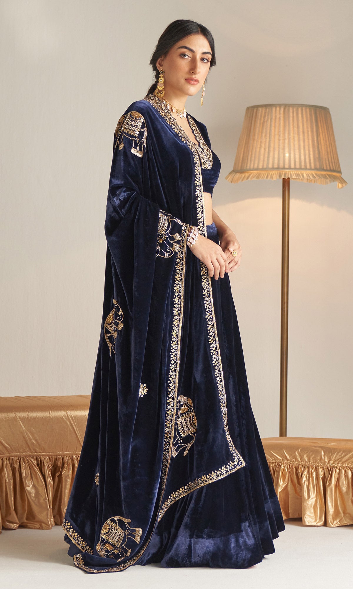 Khizaan Embroidered Midnight Blue velvet Lehenga with blouse and shawl