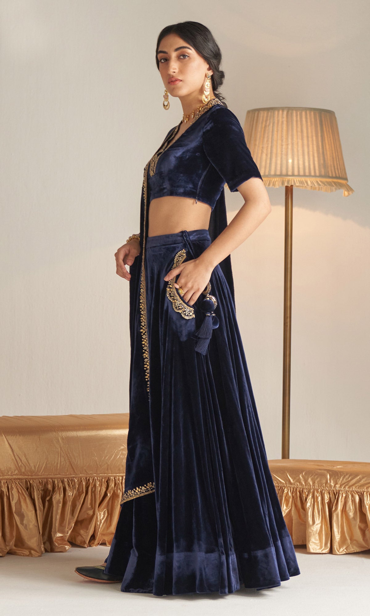 Khizaan Embroidered Midnight Blue velvet Lehenga with blouse and shawl