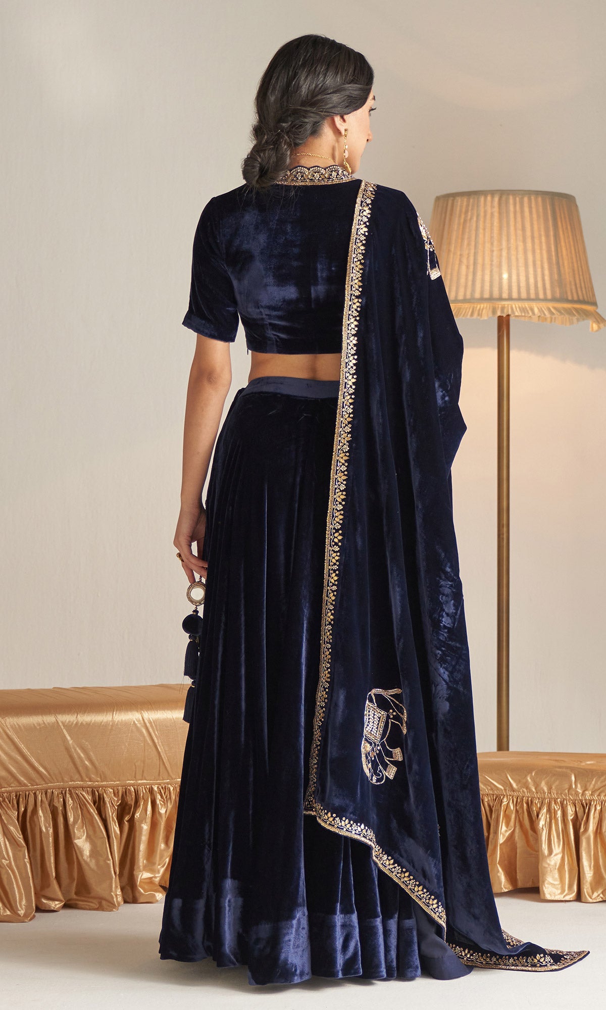 Khizaan Embroidered Midnight Blue velvet Lehenga with blouse and shawl