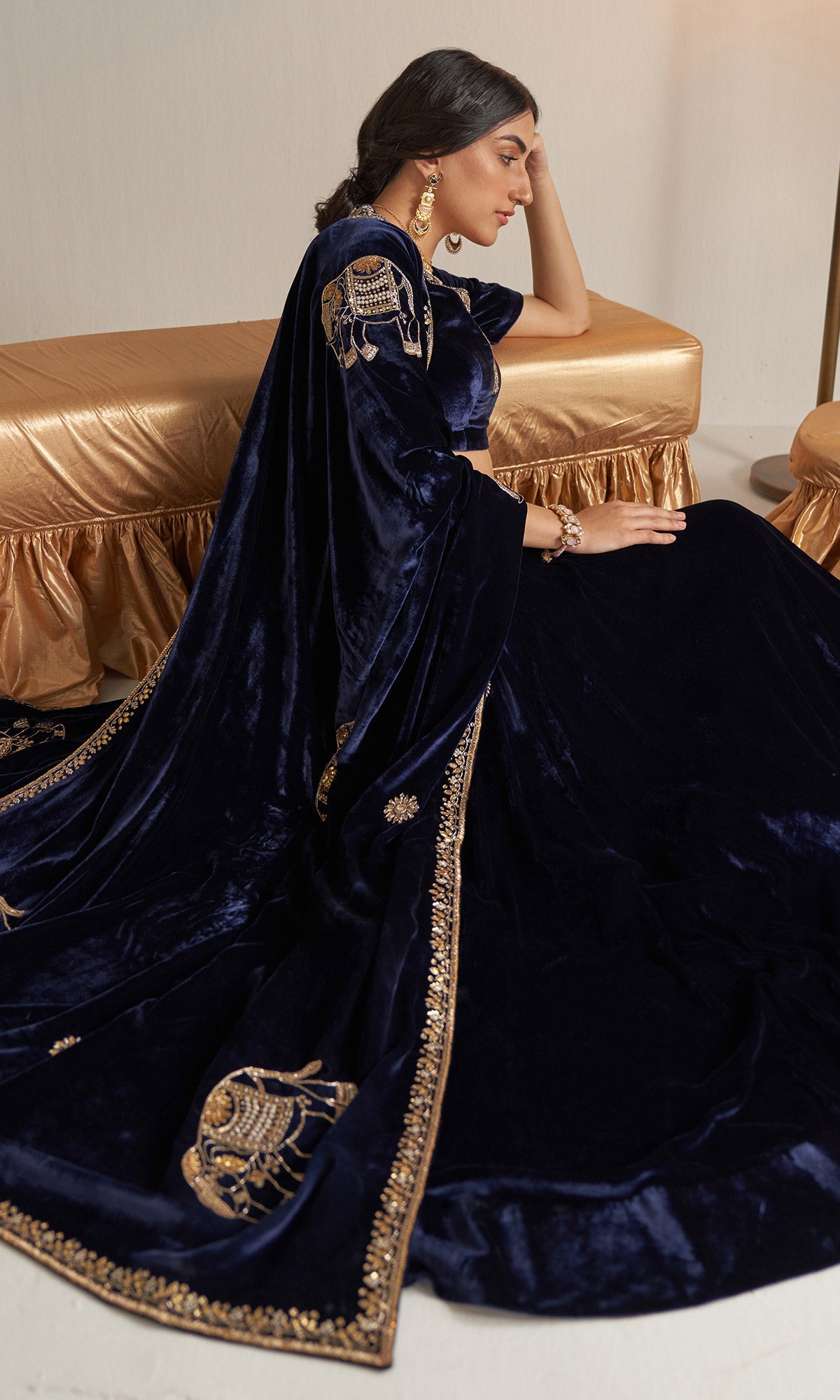 Khizaan Embroidered Midnight Blue velvet Lehenga with blouse and shawl